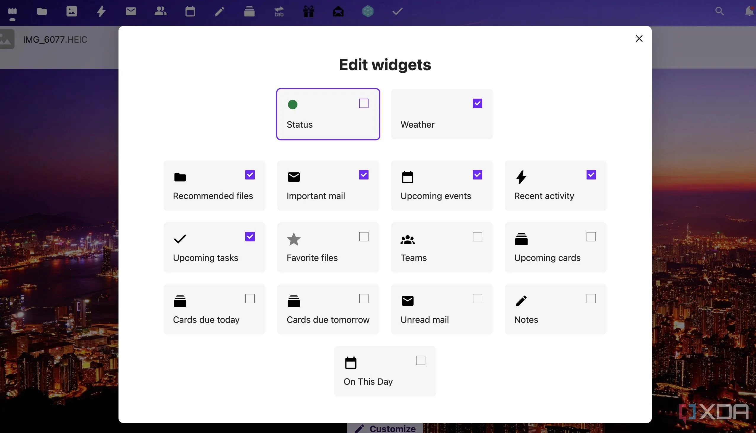 Dashboard tùy chỉnh của Nextcloud với các widget hiển thị lịch, tác vụ và file gần đây