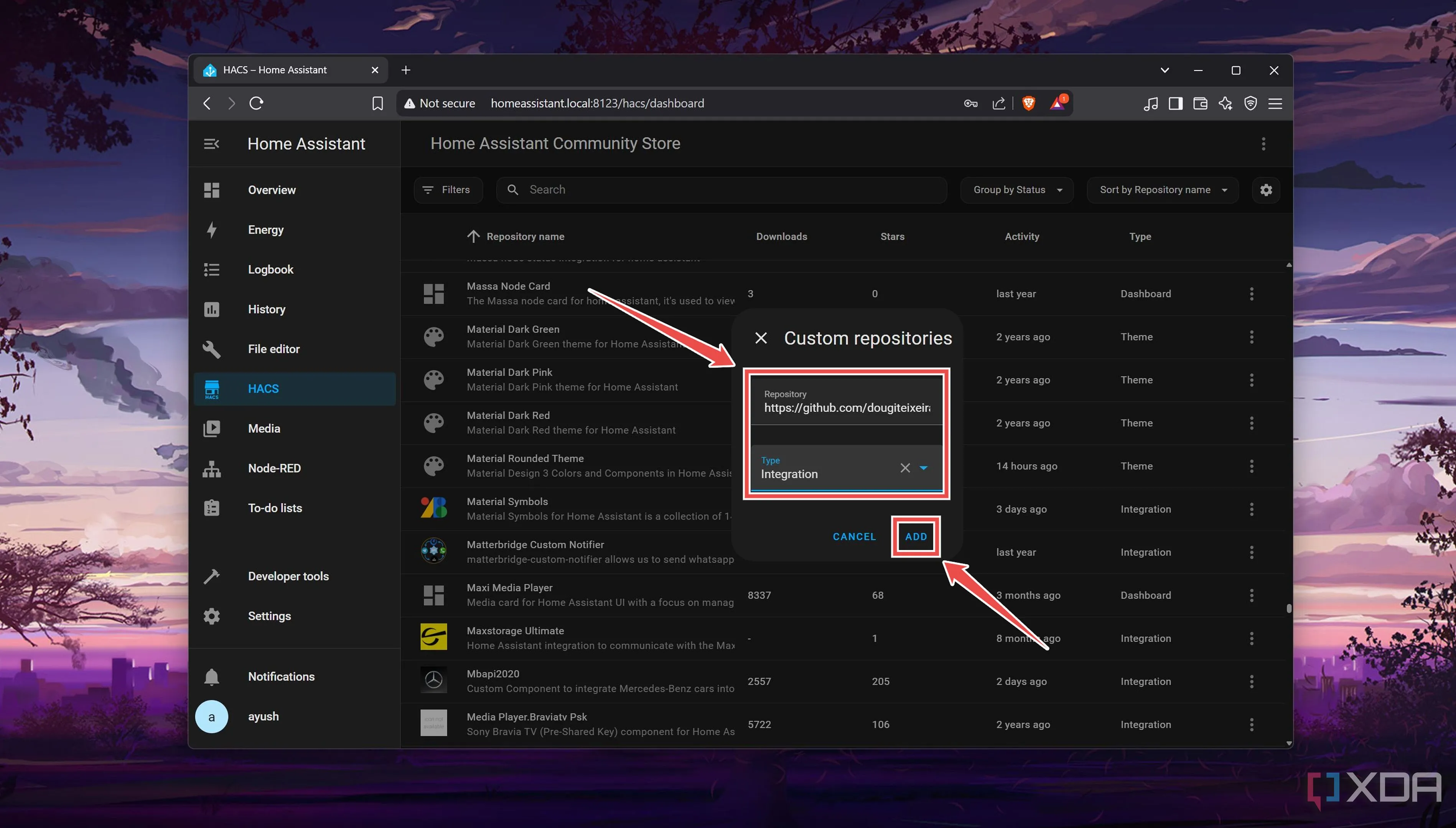 Điền URL kho lưu trữ Proxmox VE vào HACS để thêm tích hợp