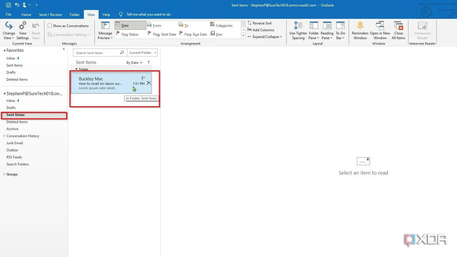 Điều hướng đến thư mục 'Mục đã gửi' và nhấp đúp vào email trong Classic Outlook.