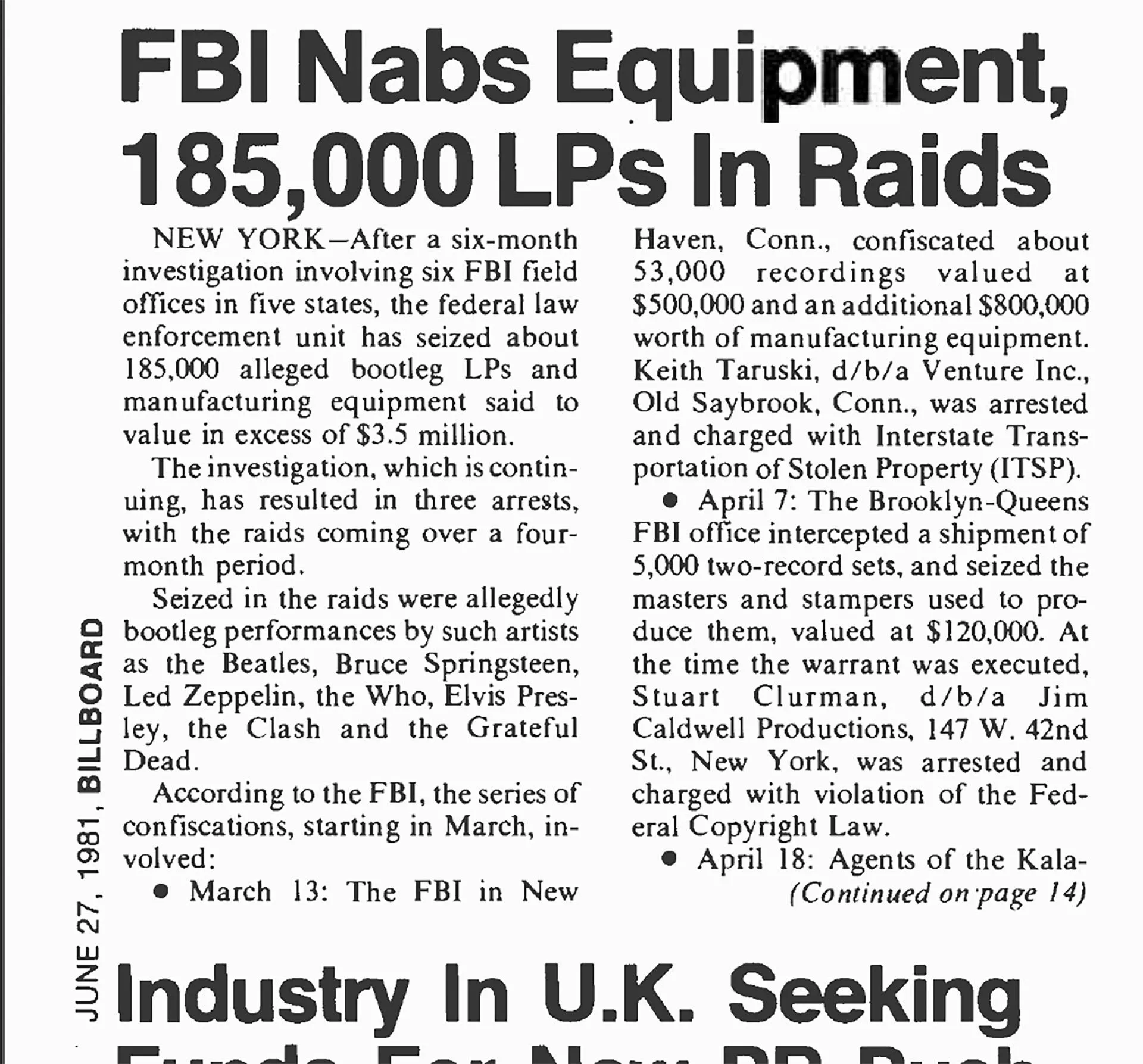Đoạn cắt bài báo Tạp chí Billboard năm 1981 đề cập đến cuộc đột kích của FBI liên quan đến Keith Taruski