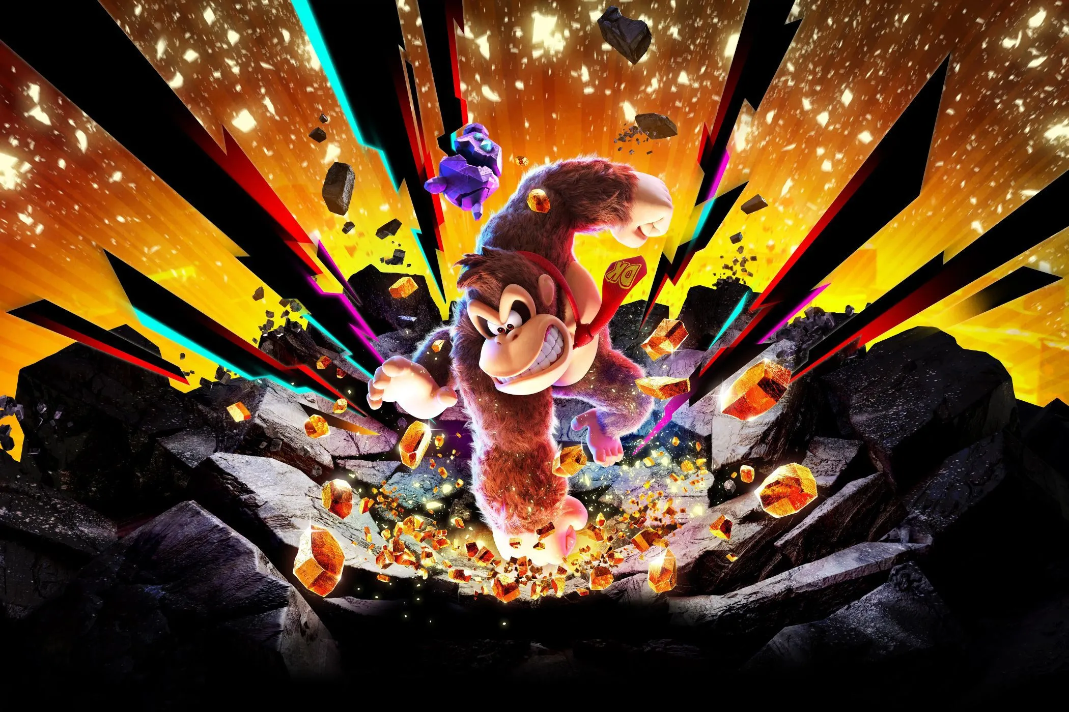 Donkey Kong đang đập xuống đất trong cảnh game đầy màu sắc, minh họa lối chơi phá hủy của Donkey Kong Bananza