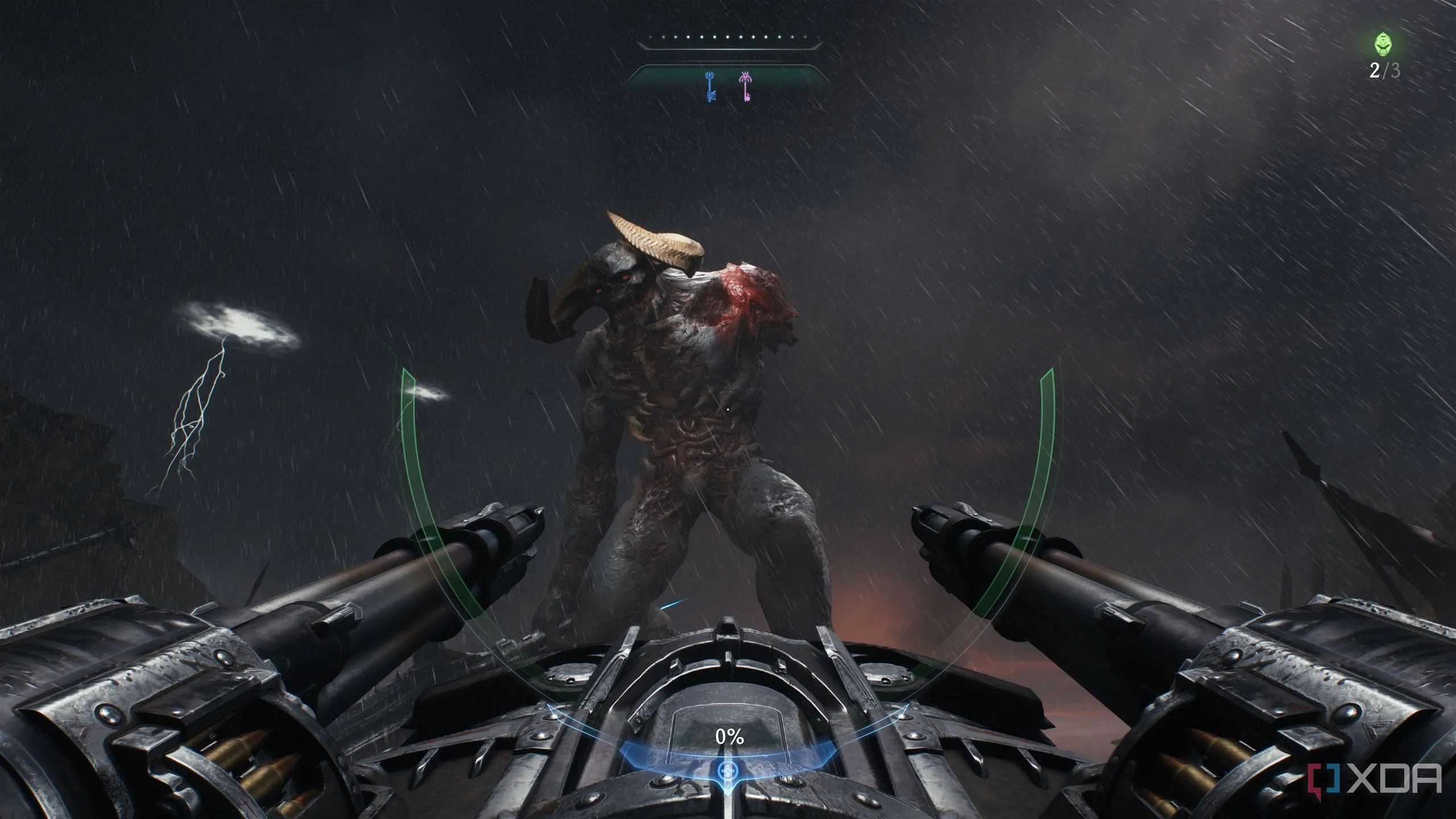 Doom Slayer đang vận hành khẩu pháo cố định, nhắm bắn vào một con quỷ khổng lồ trong phân đoạn turret của Doom: The Dark Ages.