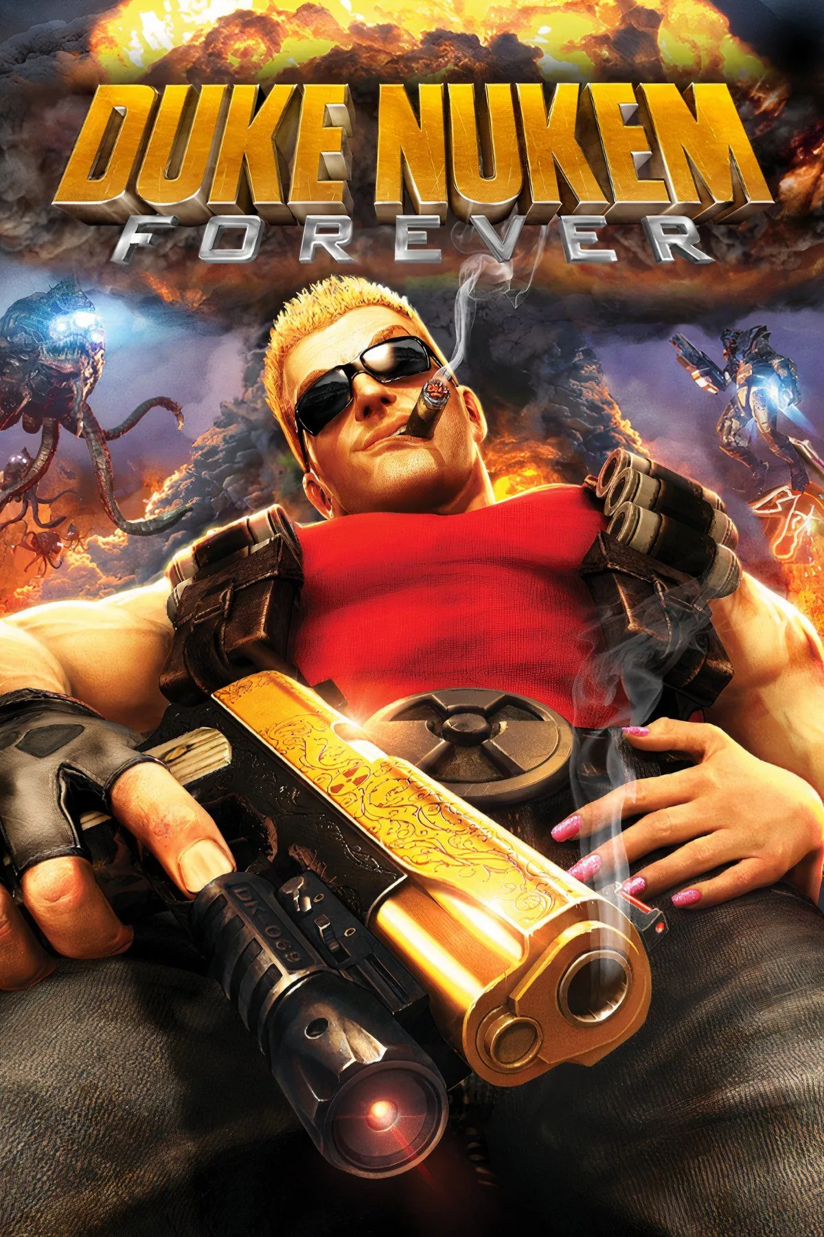 Duke Nukem Forever với hình ảnh nhân vật chính và bối cảnh hành động hỗn loạn.