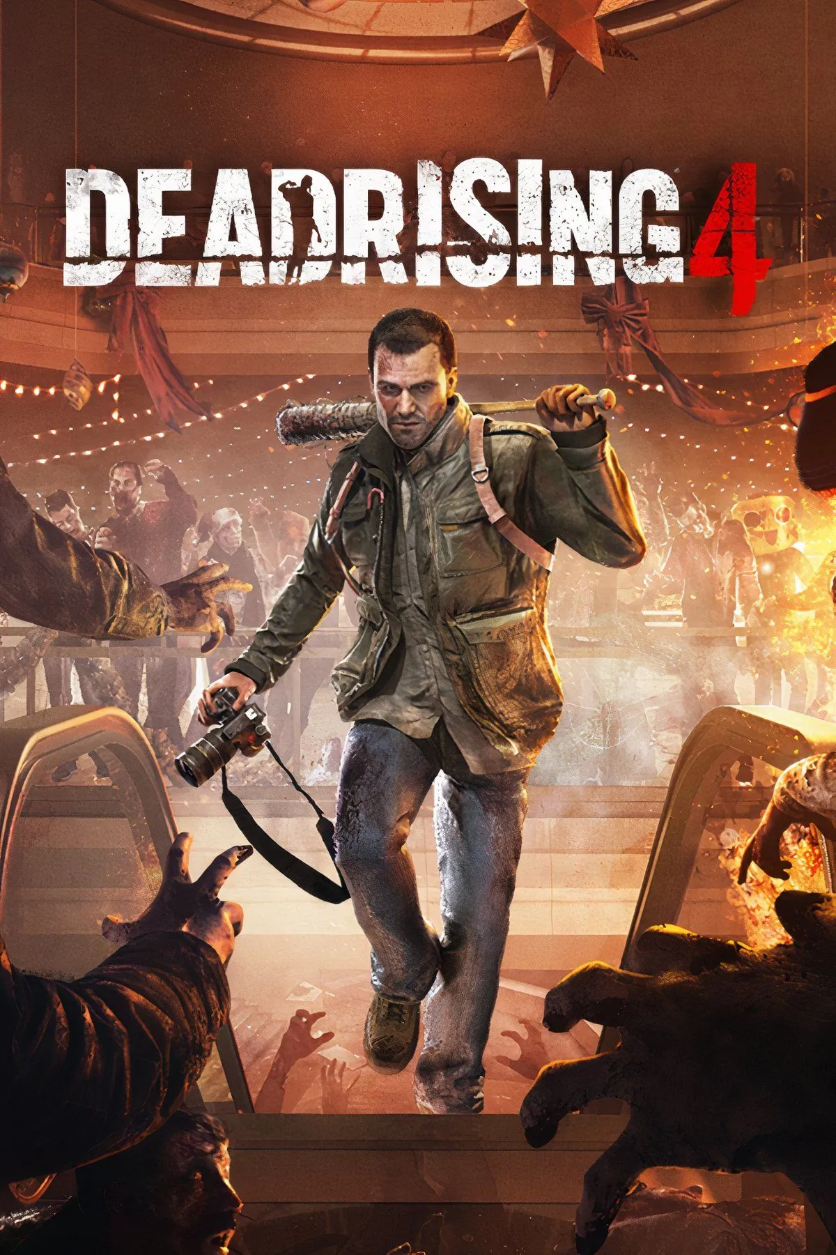 Frank West cầm vũ khí chế tạo trong Dead Rising 4, bối cảnh Giáng sinh.