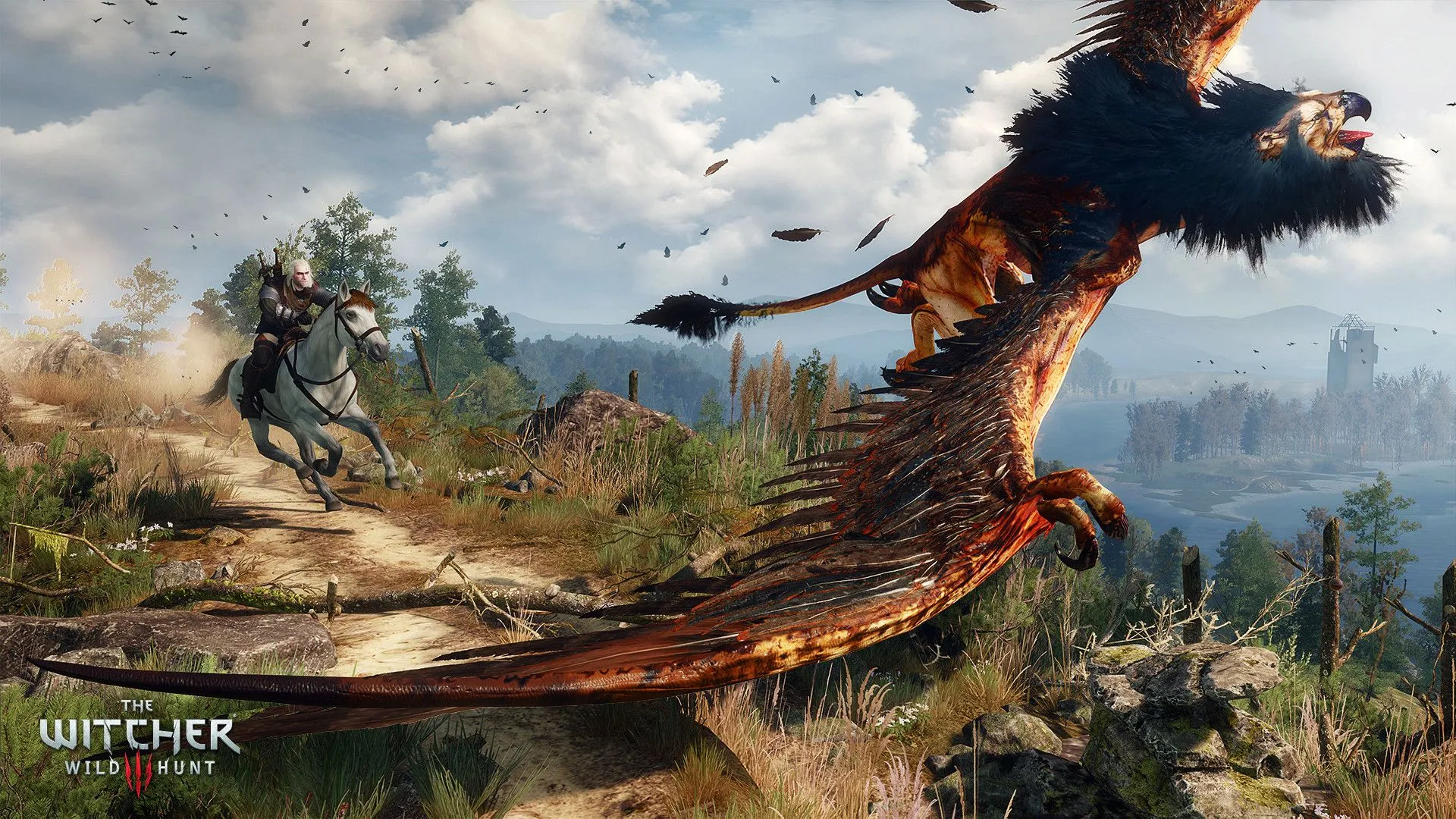 Geralt săn quái vật trong The Witcher 3: Wild Hunt, minh họa thế giới mở rộng lớn và các trận chiến RPG hấp dẫn.