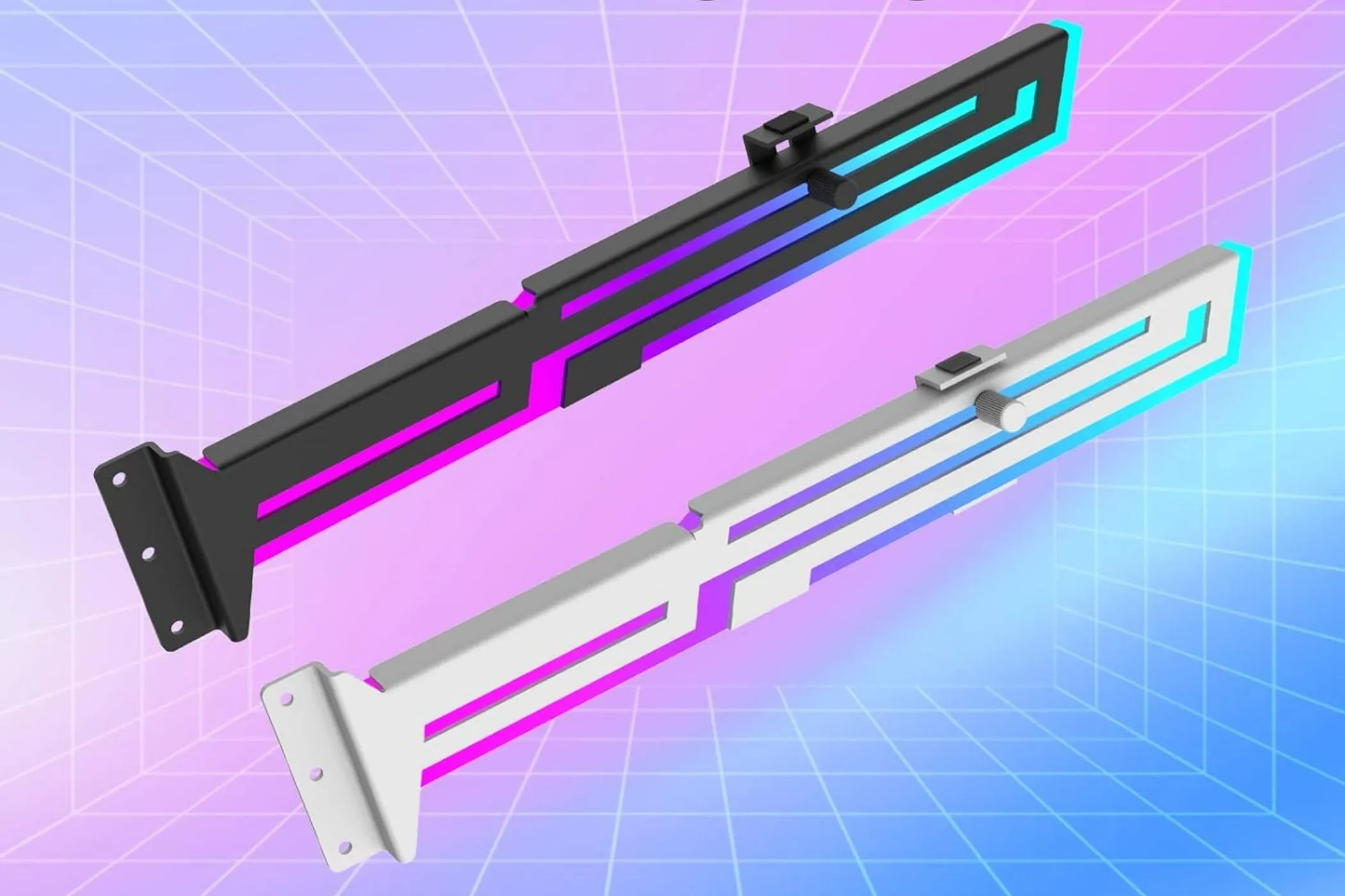 Giá đỡ card đồ họa ARGB màu đen và trắng, ví dụ của xu hướng đèn RGB trên linh kiện PC