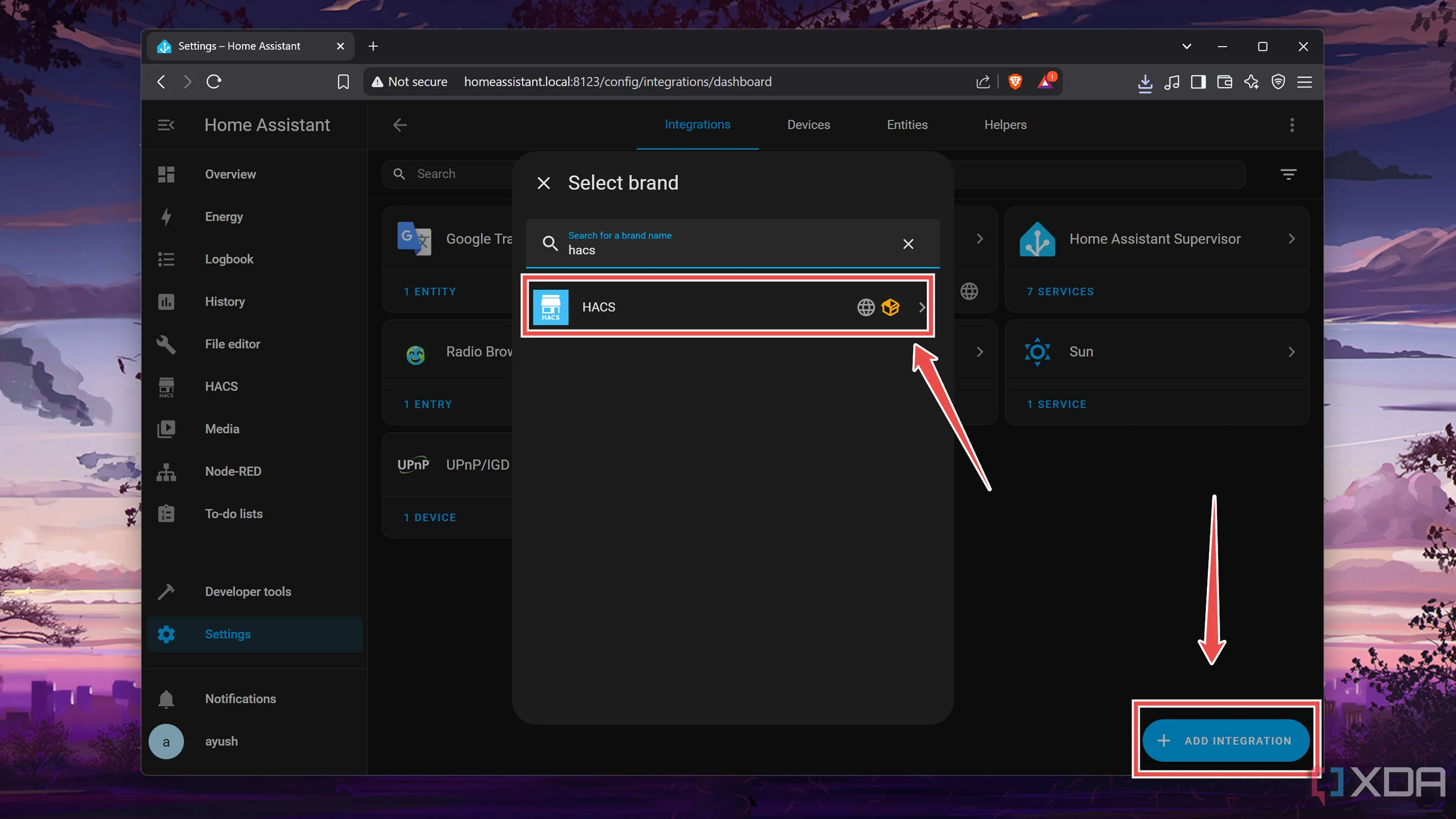 Giao diện 'Add Integration' trong Home Assistant hiển thị HACS
