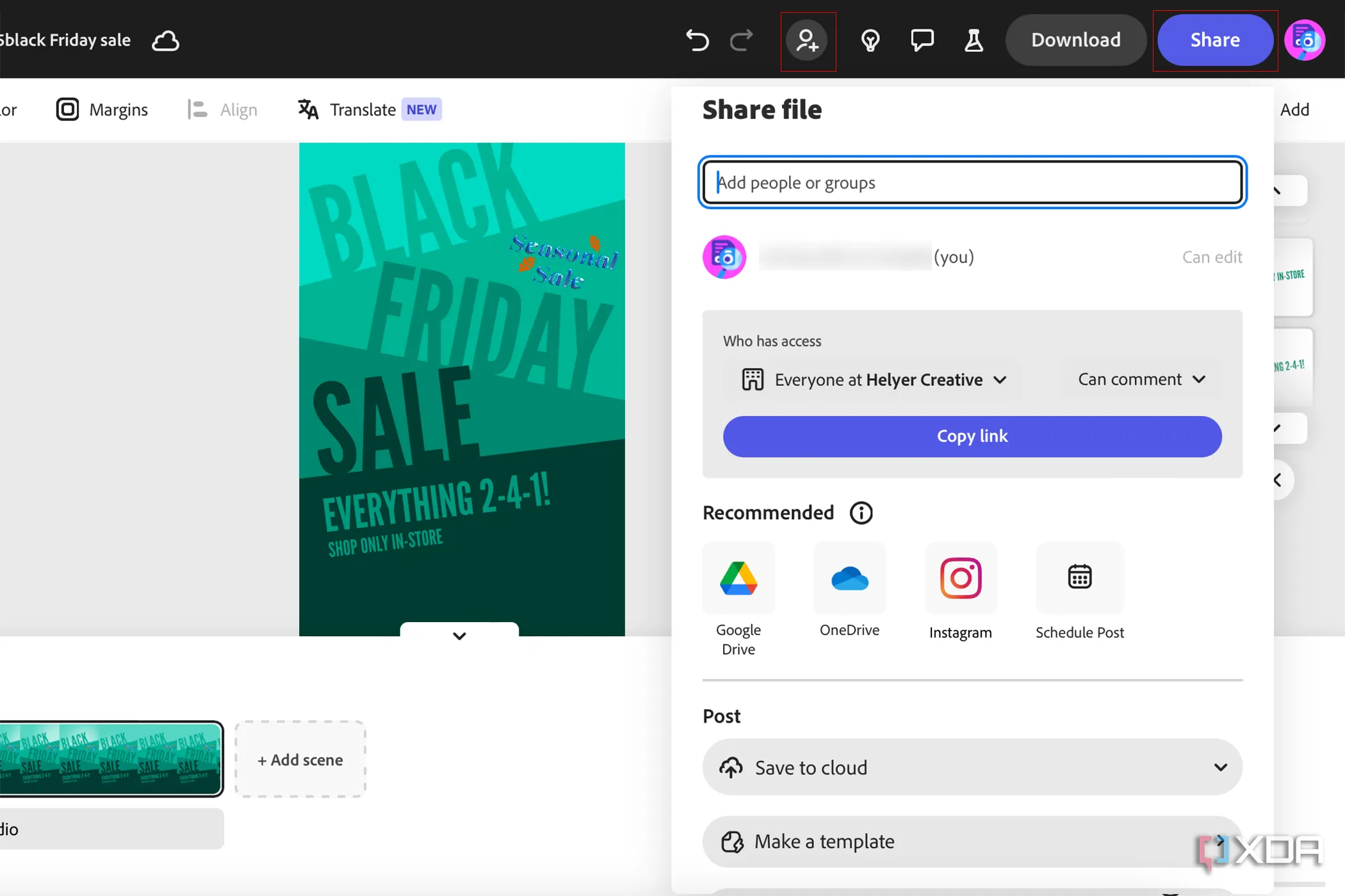 Giao diện Adobe Express với các tùy chọn chia sẻ nội dung