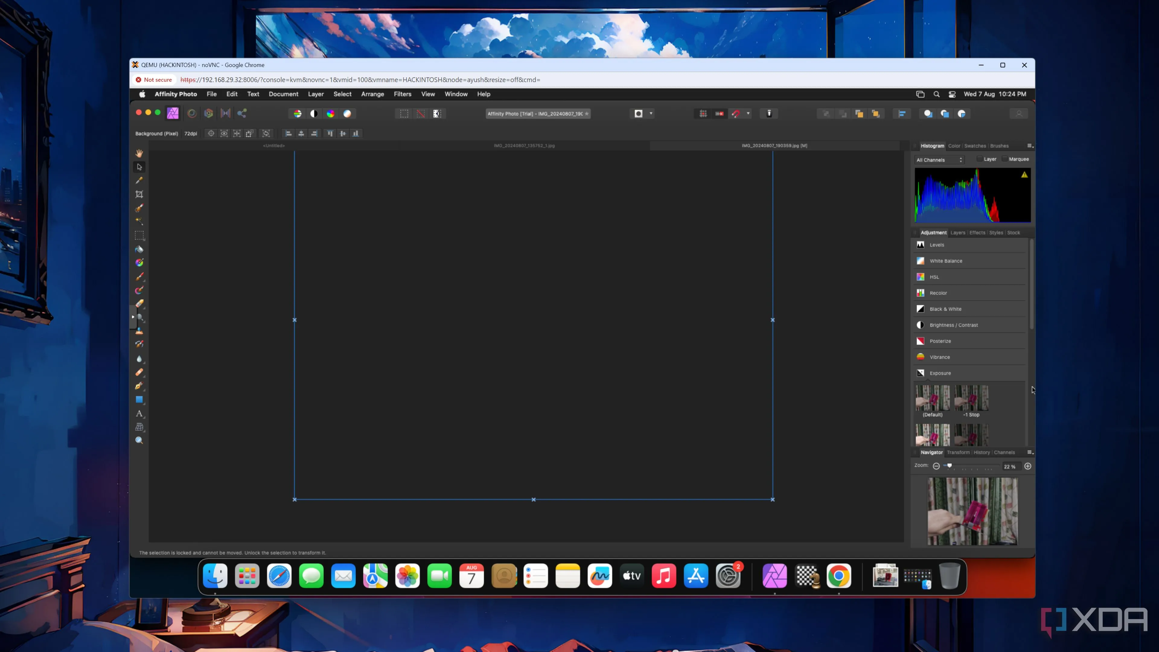 Giao diện Affinity Photo trên macOS Ventura VM, cho thấy sự tương đồng với các phần mềm thiết kế phổ biến khác