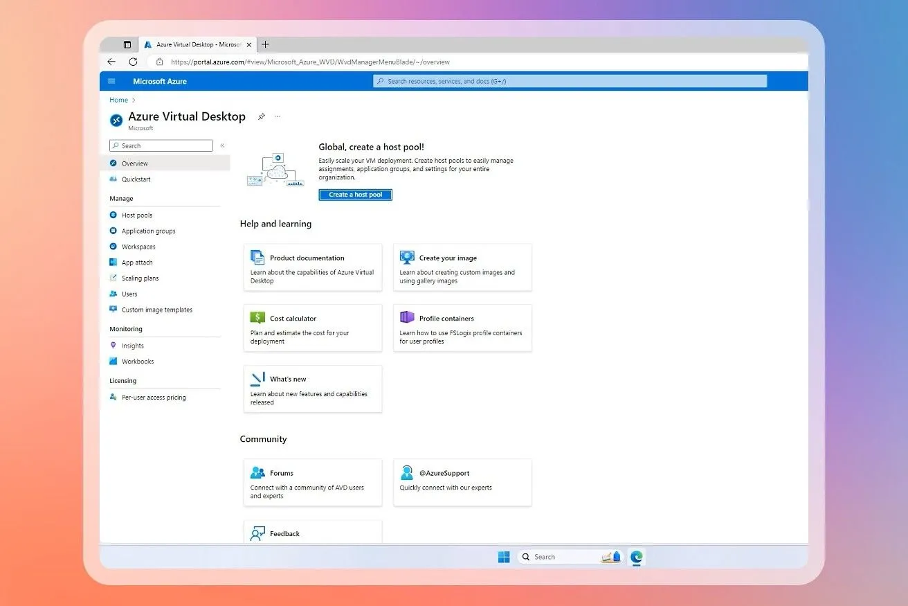 Giao diện Azure Virtual Desktop, minh họa hạ tầng đám mây mạnh mẽ của Microsoft Azure hỗ trợ dịch vụ Azure Blob Storage
