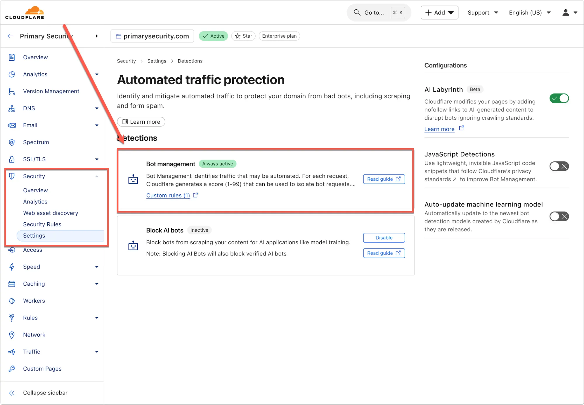 Giao diện bảng điều khiển Cloudflare hiển thị mục quản lý bot, nơi bật tính năng AI Labyrinth để bảo vệ website.