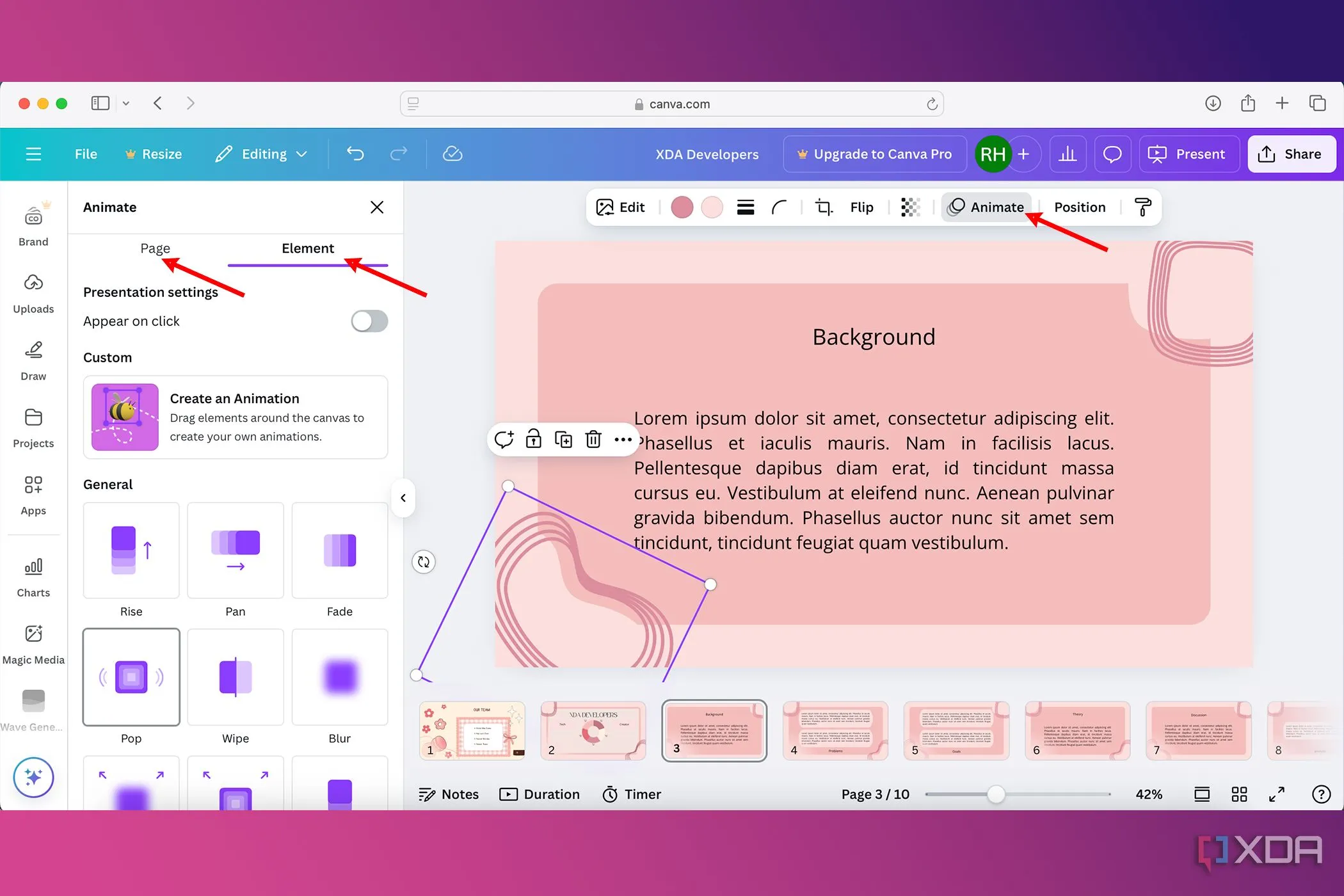 Giao diện cài đặt hiệu ứng hoạt ảnh trong Canva