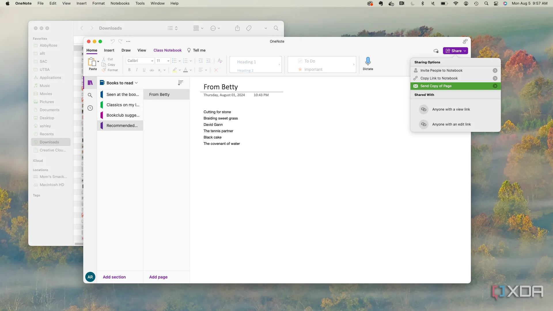 Giao diện chia sẻ liên kết trong OneNote trên máy tính để bàn
