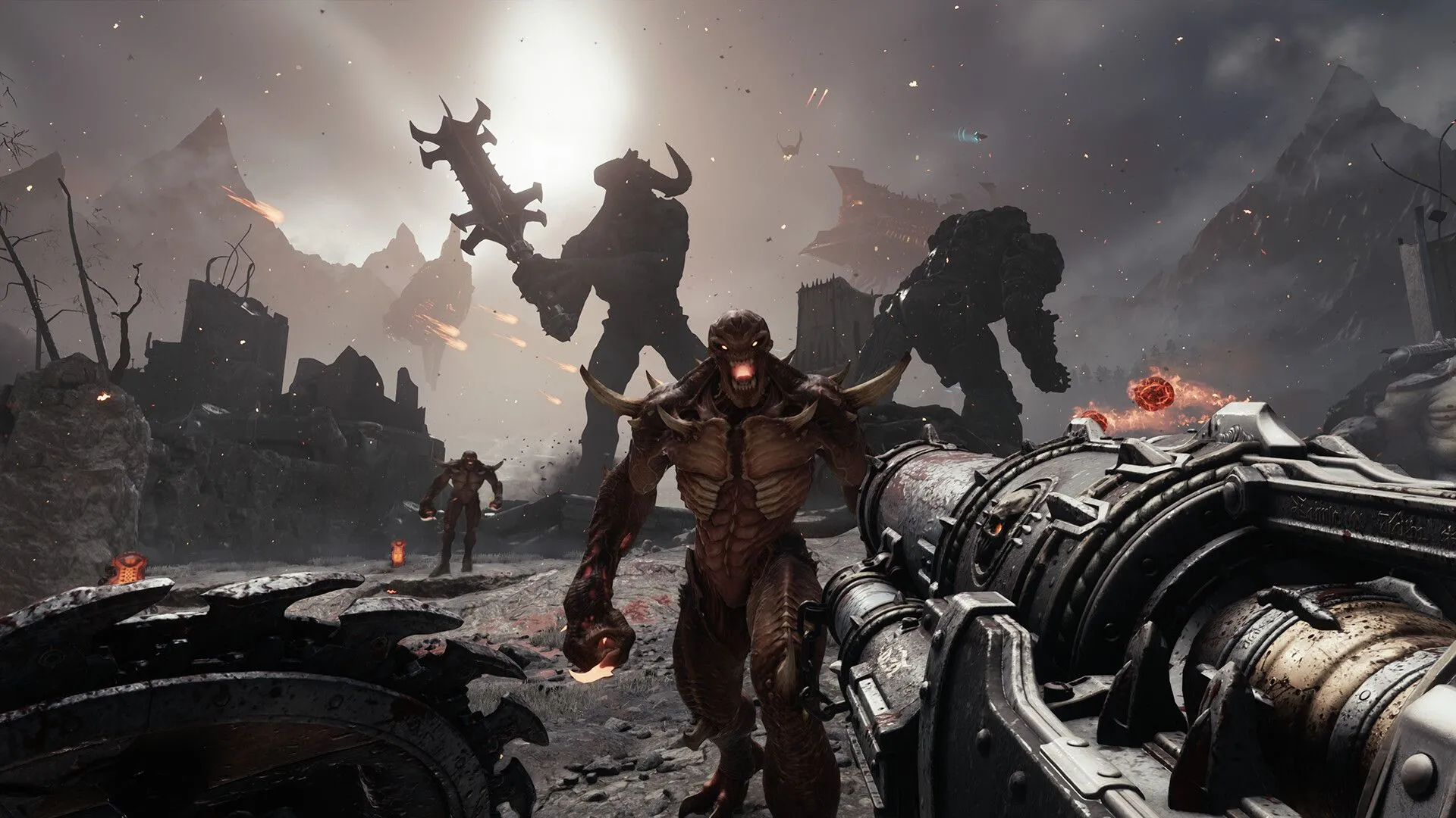 Giao diện chiến đấu của Doom: The Dark Ages, với Doom Slayer đang sử dụng khiên cưa và vũ khí cận chiến để đối phó với bầy quỷ trong một môi trường chiến trường trung cổ