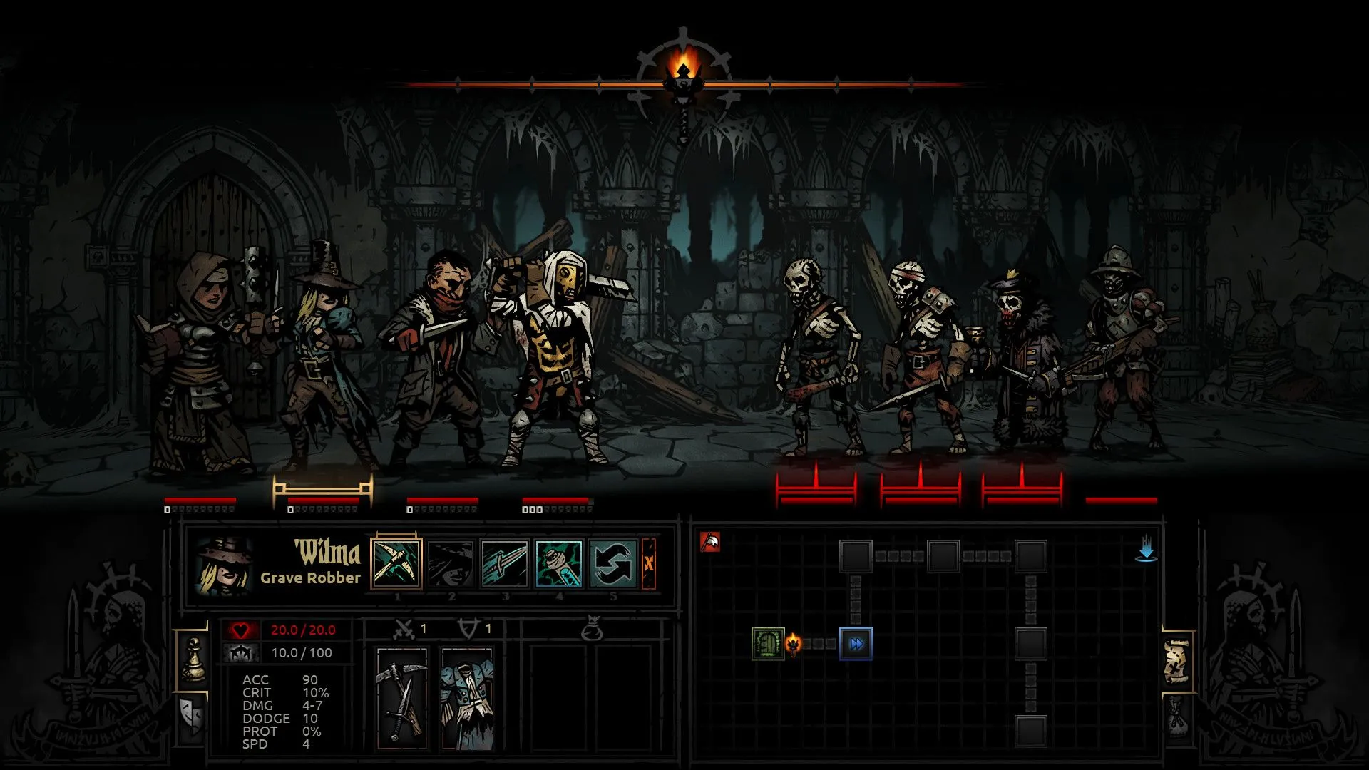 Giao diện chiến đấu và hệ thống stress trong game Darkest Dungeon, ví dụ điển hình về cơ chế tinh thần