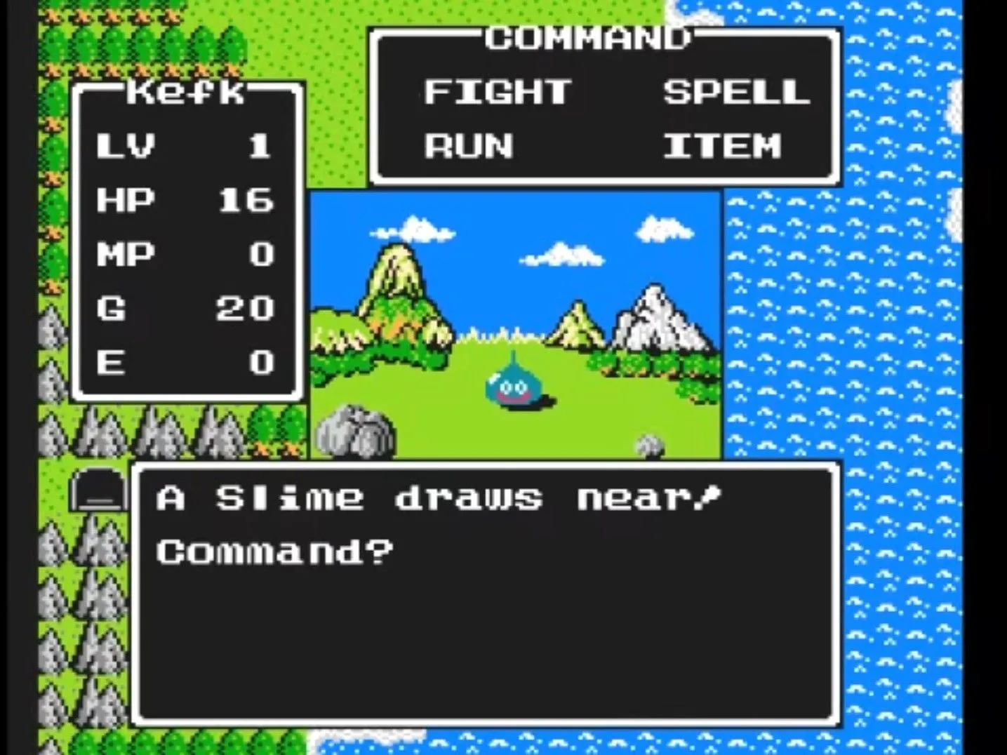 Giao diện chiến đấu với quái vật slime trong Dragon Warrior trên NES, minh họa cho lối chơi nhập vai cày cấp đầy gian nan.
