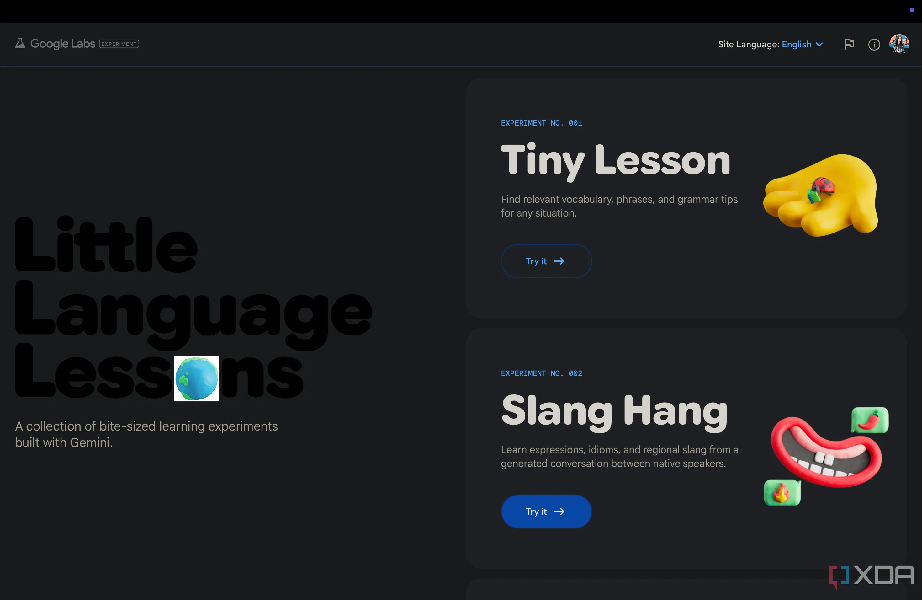 Giao diện chính của Little Language Lessons, giới thiệu các thử nghiệm học ngôn ngữ AI
