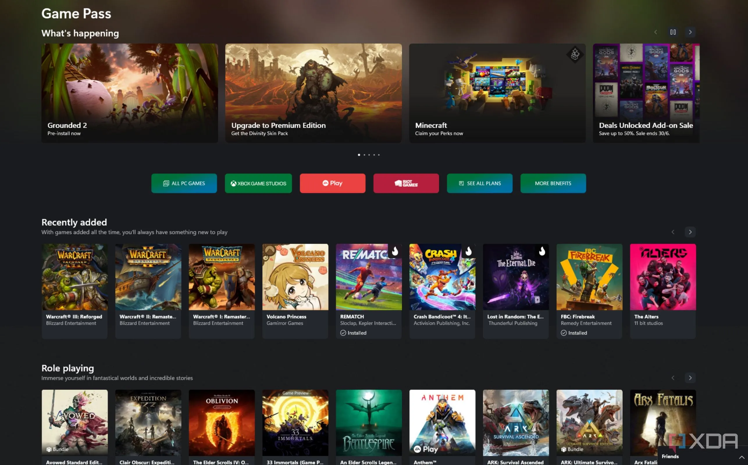 Giao diện chính của ứng dụng Xbox PC, hiển thị các tựa game trong Xbox Game Pass
