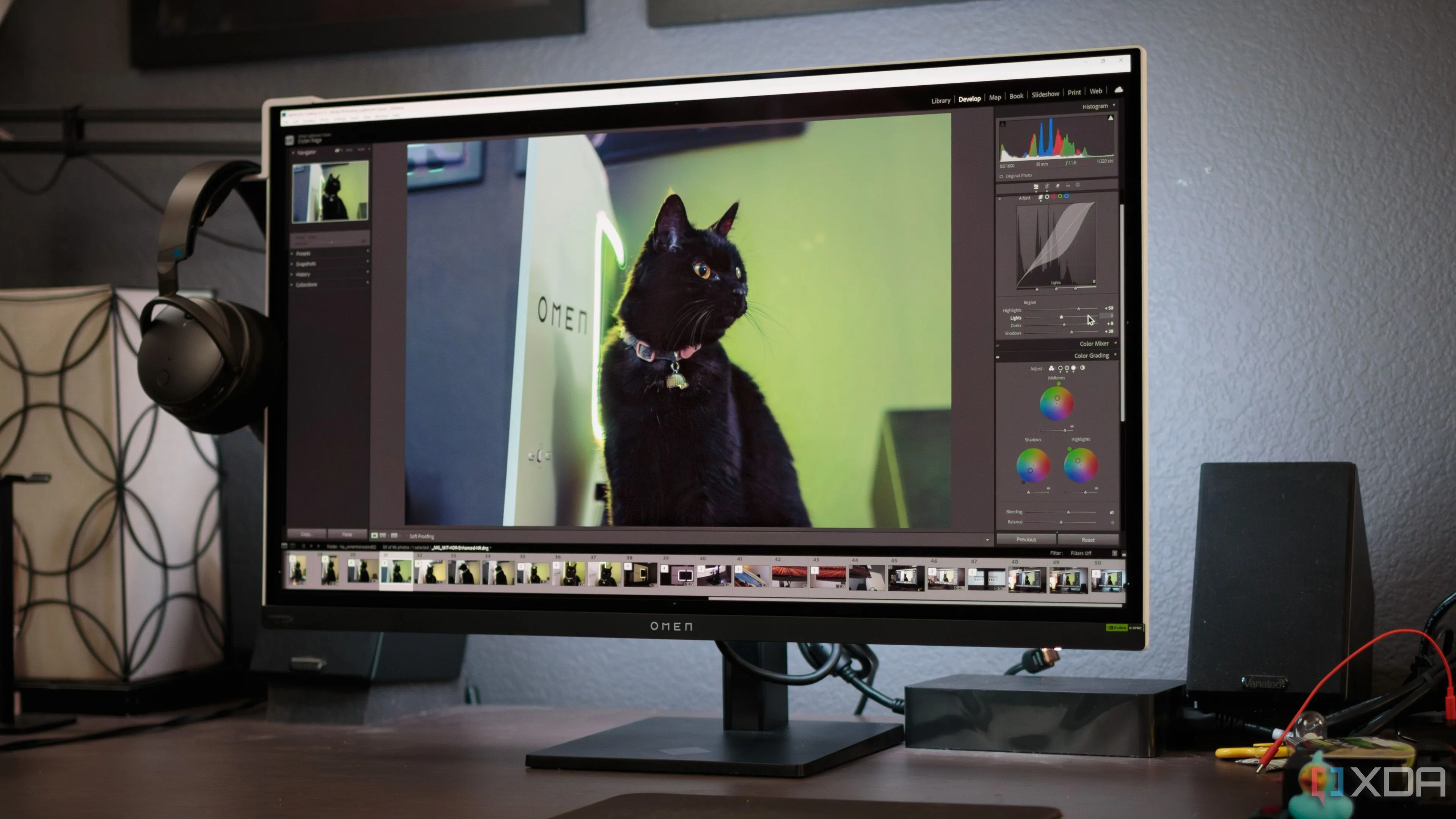 Giao diện chỉnh sửa ảnh Adobe Lightroom hiển thị trên màn hình HP OMEN Transcend 32 OLED, minh họa khả năng hiển thị màu sắc và độ tương phản của tấm nền OLED
