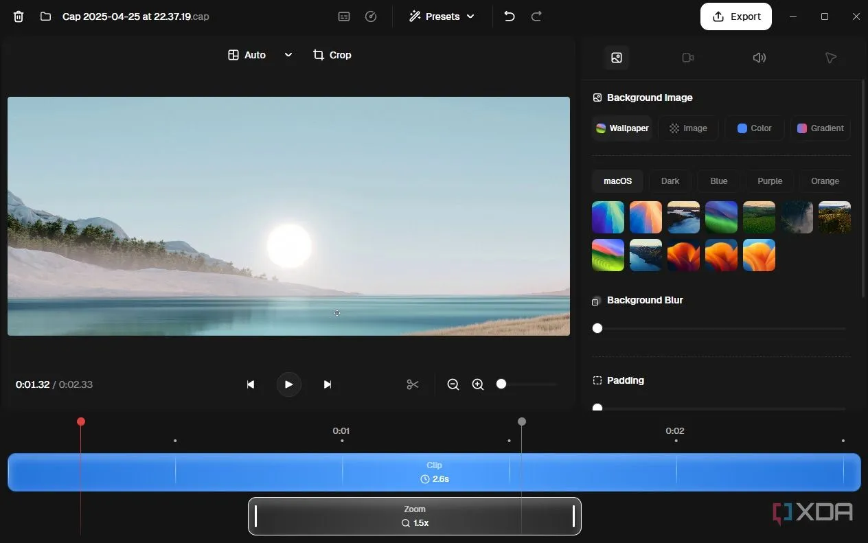 Giao diện chỉnh sửa video của Cap, minh họa tính năng thêm nền và hiệu ứng đổ bóng cho bản ghi màn hình.