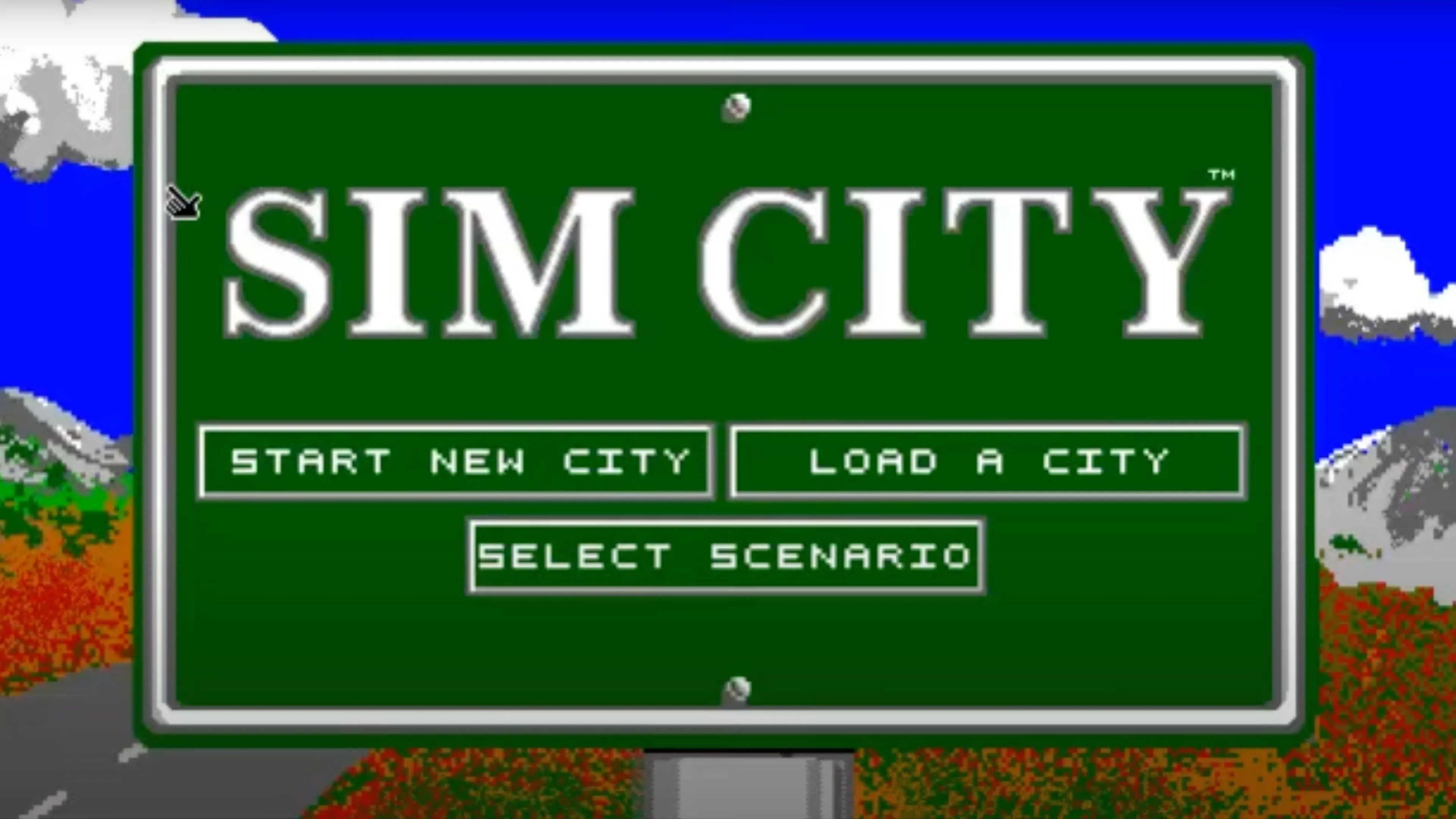 Giao diện chính trong SimCity SNES, hiển thị bản đồ thành phố và các tùy chọn xây dựng