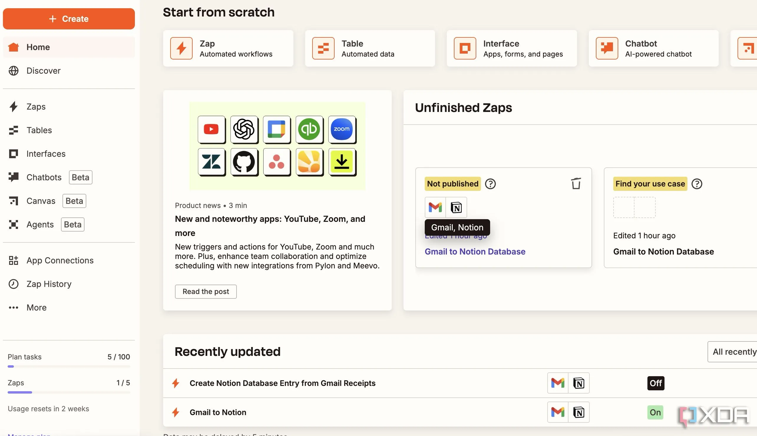 Giao diện chính Zapier giúp kết nối Gmail và Notion
