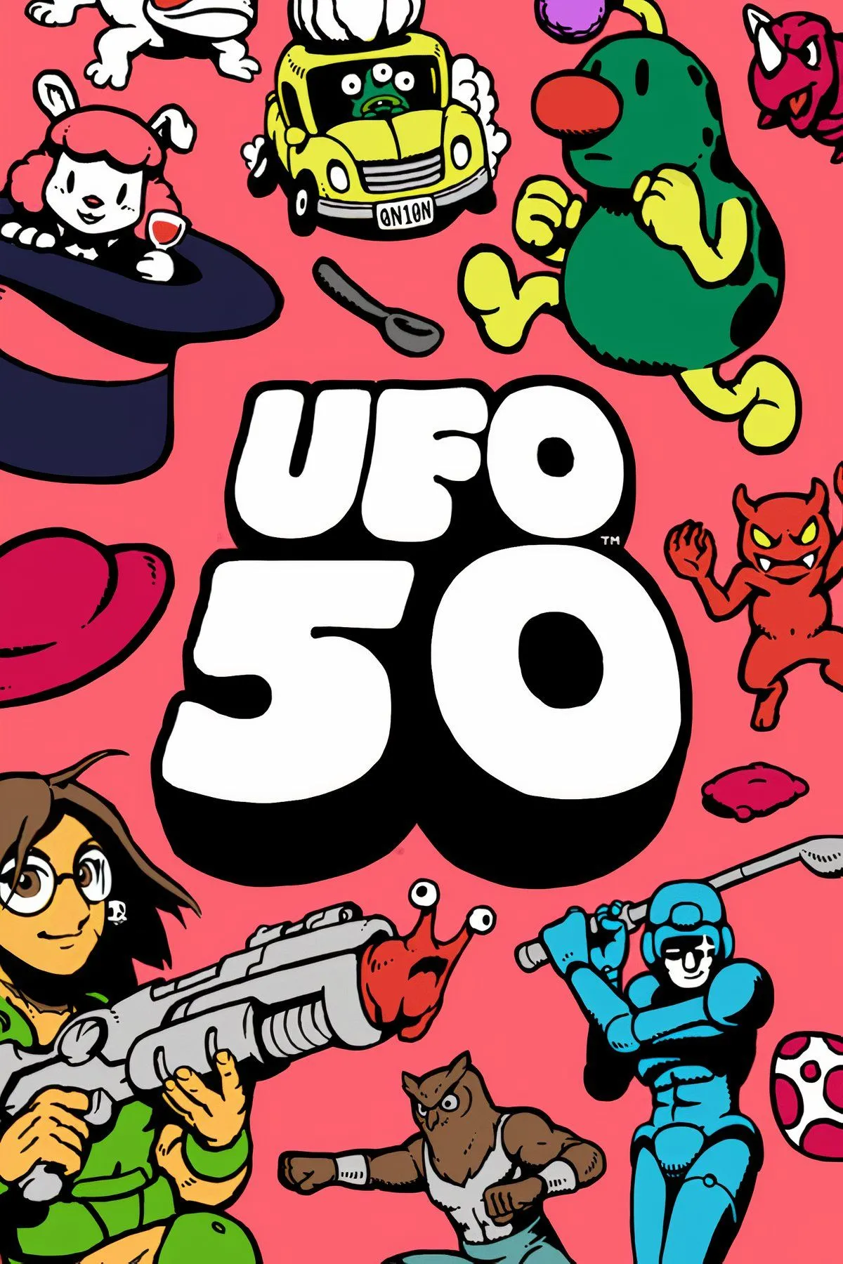 Giao diện chọn game của UFO 50, hiển thị tuyển tập 50 game retro với đồ họa 8-bit.