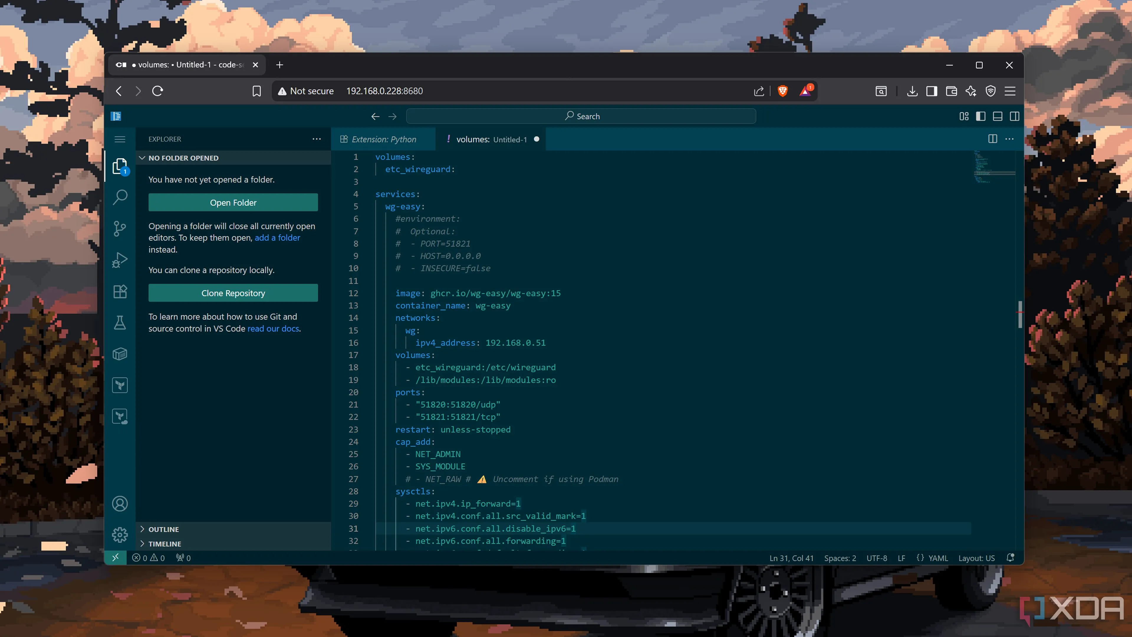 Giao diện Code-Server hiển thị file Docker Compose đang được chỉnh sửa, minh họa khả năng quản lý dự án container hóa từ xa