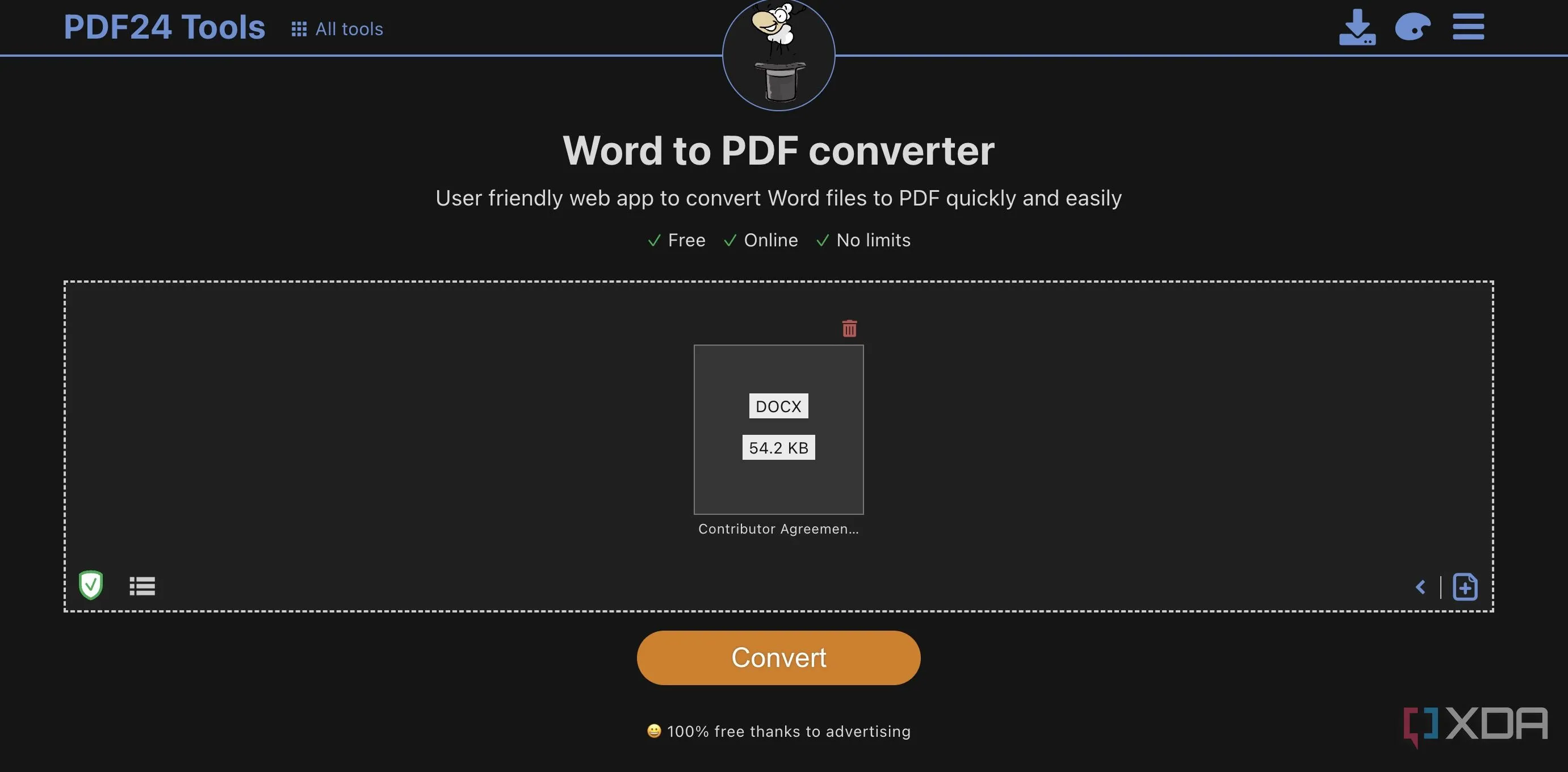 Giao diện công cụ chuyển đổi Word sang PDF của PDF24, nhấn mạnh tính năng miễn phí và bảo mật