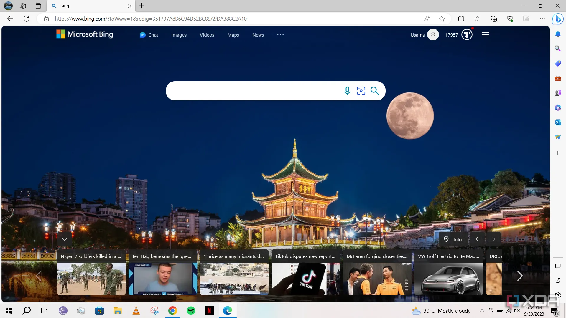 Giao diện công cụ tìm kiếm Bing được hiển thị trên trình duyệt Microsoft Edge