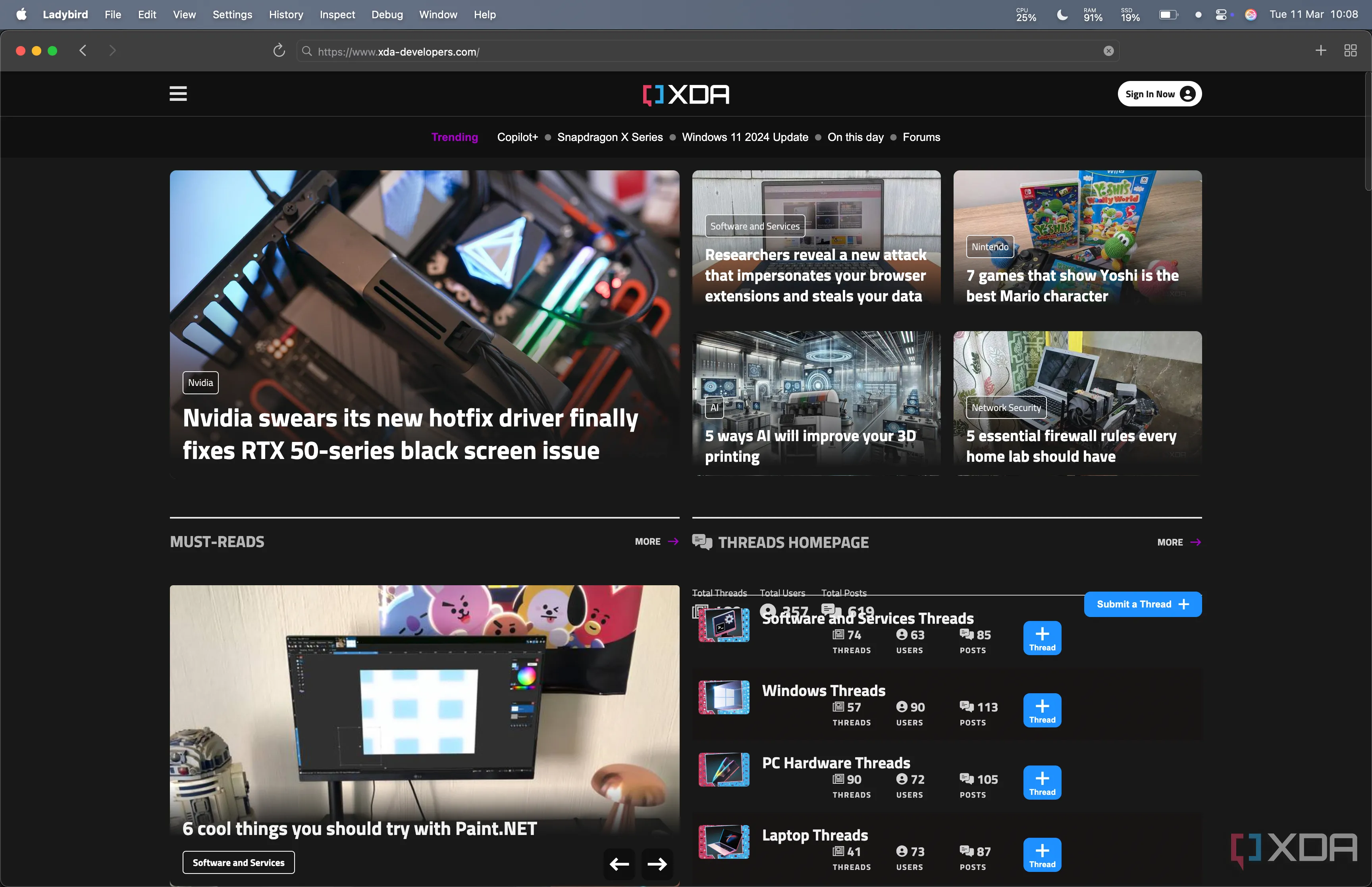 Giao diện của trình duyệt Ladybird hiển thị trang chủ XDA-Developers, minh họa khả năng render trang web cơ bản của trình duyệt mã nguồn mở này.