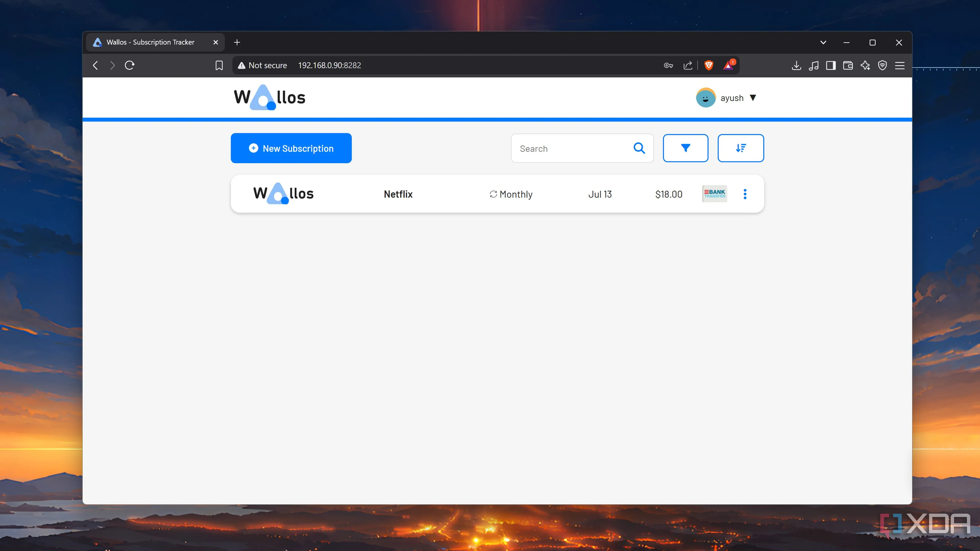 Giao diện của Wallos cho phép bạn theo dõi các dịch vụ đăng ký tự host
