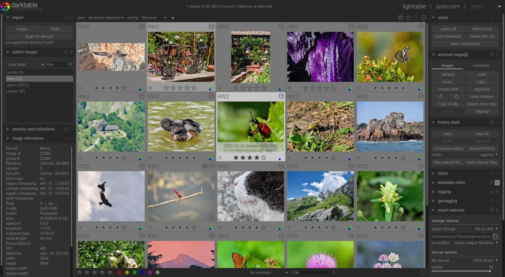 Giao diện Darktable, công cụ phát triển file RAW