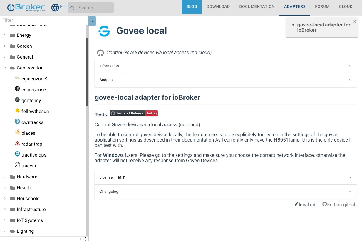 Giao diện dashboard của ioBroker, minh họa kiến trúc mô-đun và khả năng tích hợp đa dạng thiết bị trong hệ thống nhà thông minh tự host.