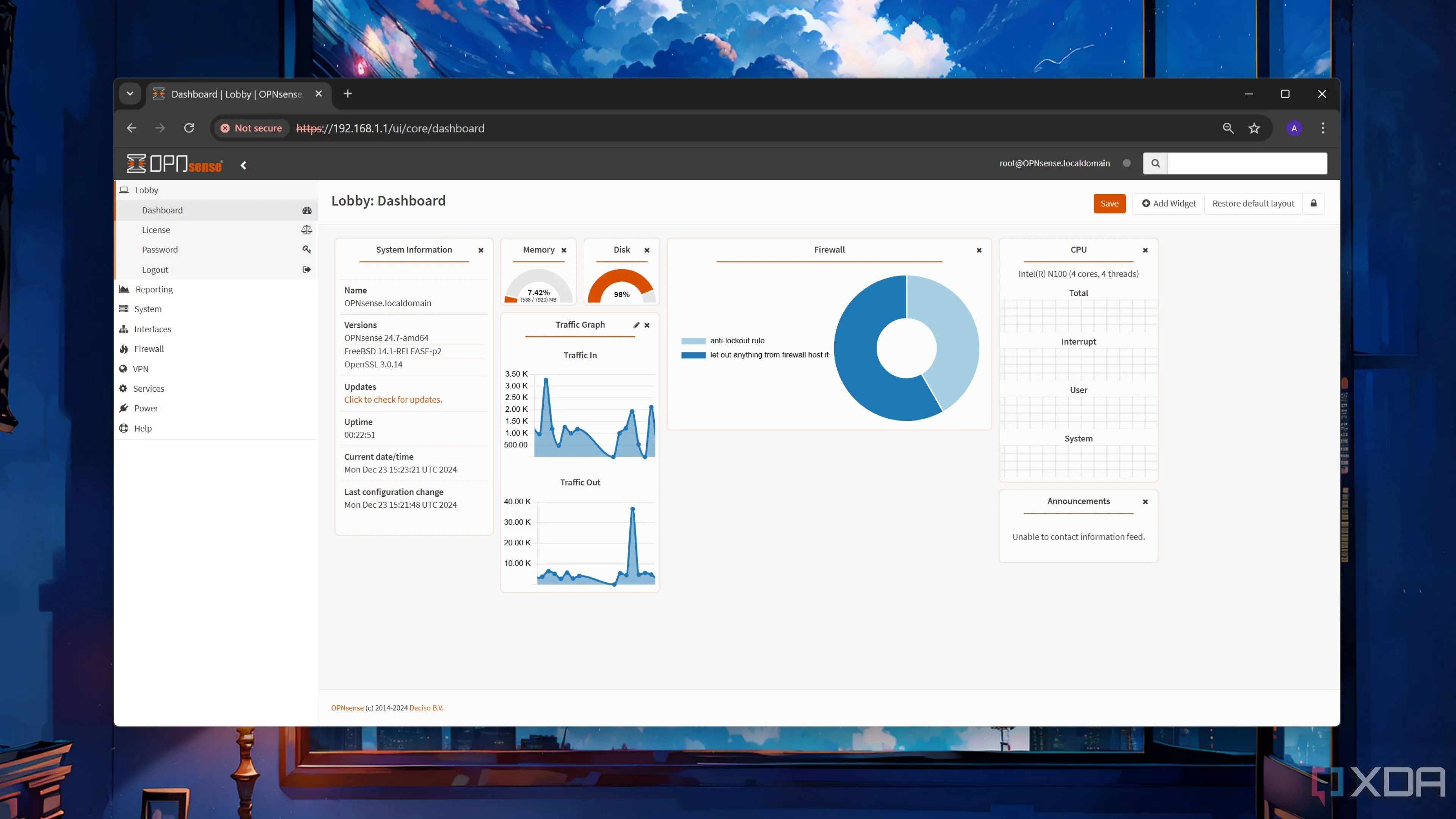 Giao diện Dashboard của OPNsense hiển thị thông tin hệ thống và hiệu suất mạng sau khi tối ưu
