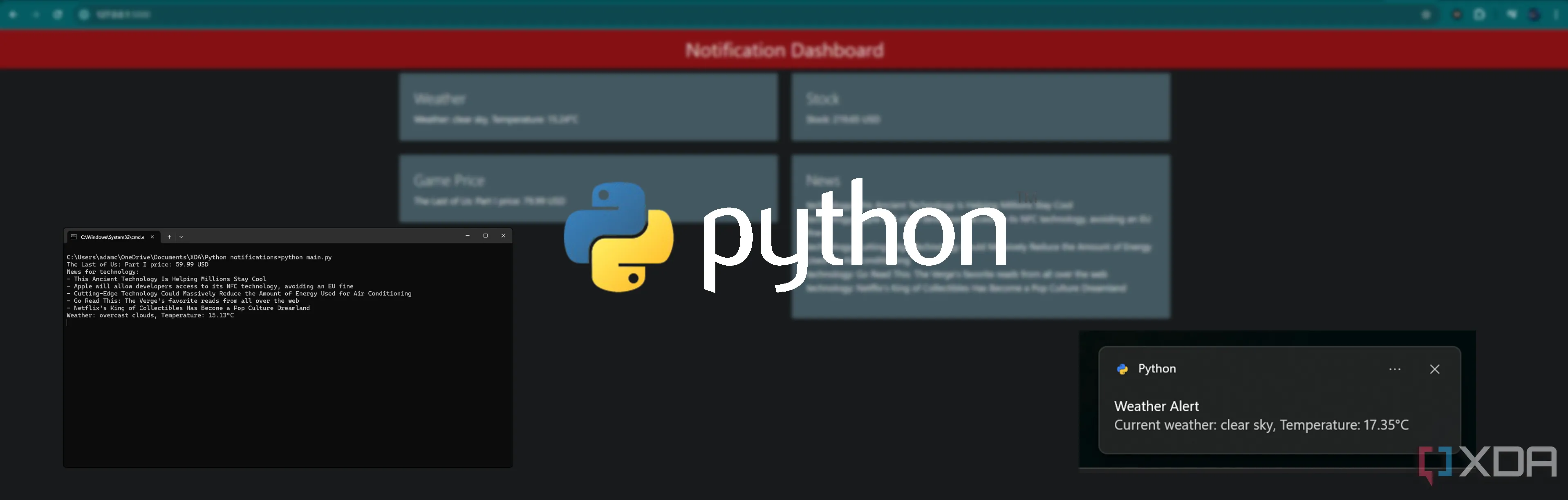 Giao diện dashboard thông báo Python với cửa sổ thông báo Windows và logo Python