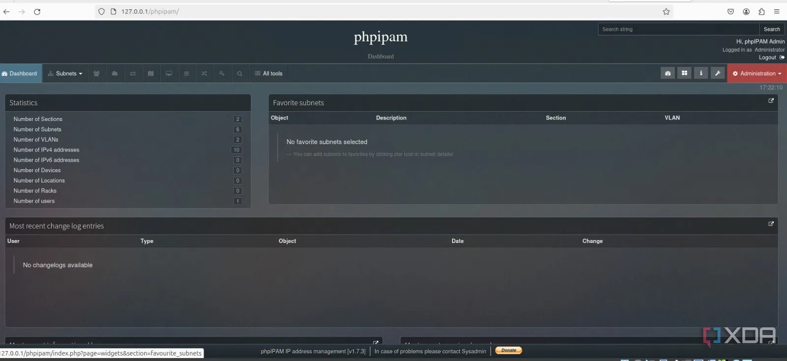 Giao diện dashboard tùy chỉnh của phpIPAM hiển thị tổng quan mạng