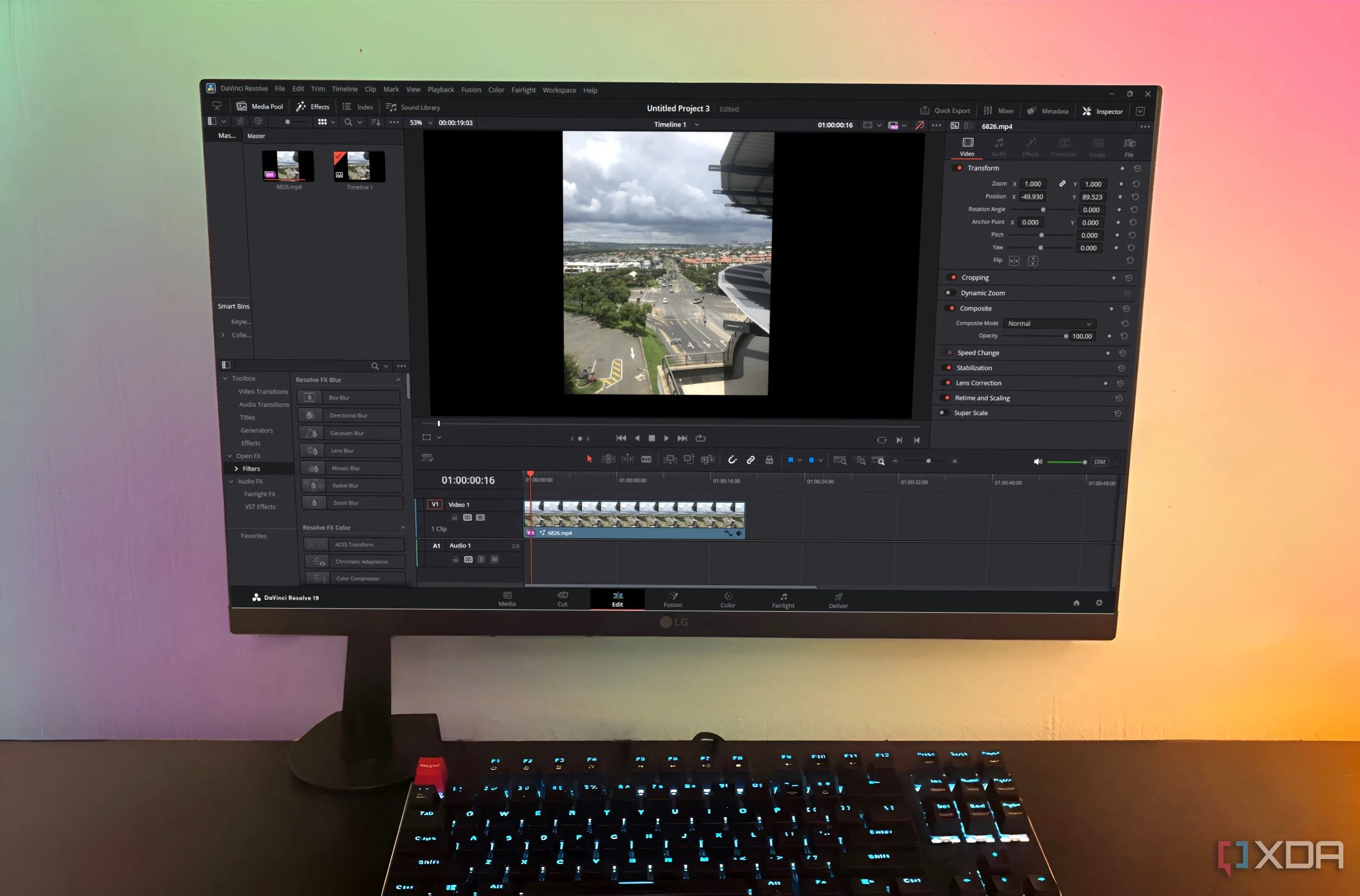 giao diện DaVinci Resolve trên máy tính để bàn hiển thị cửa sổ chỉnh sửa video