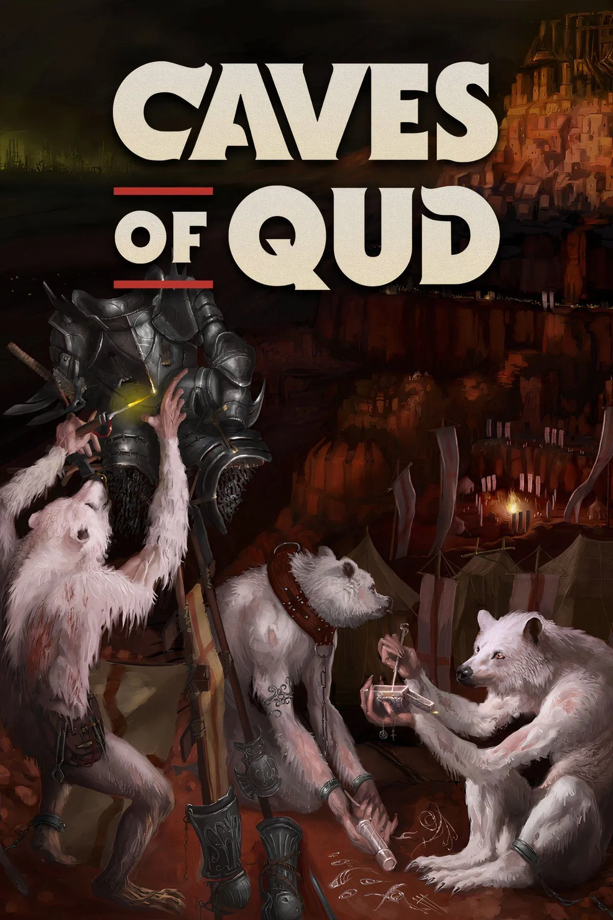Giao diện đồ họa pixel của Caves of Qud, hiển thị một nhân vật được bao quanh bởi các quái vật và vật phẩm trong một hang động bí ẩn.