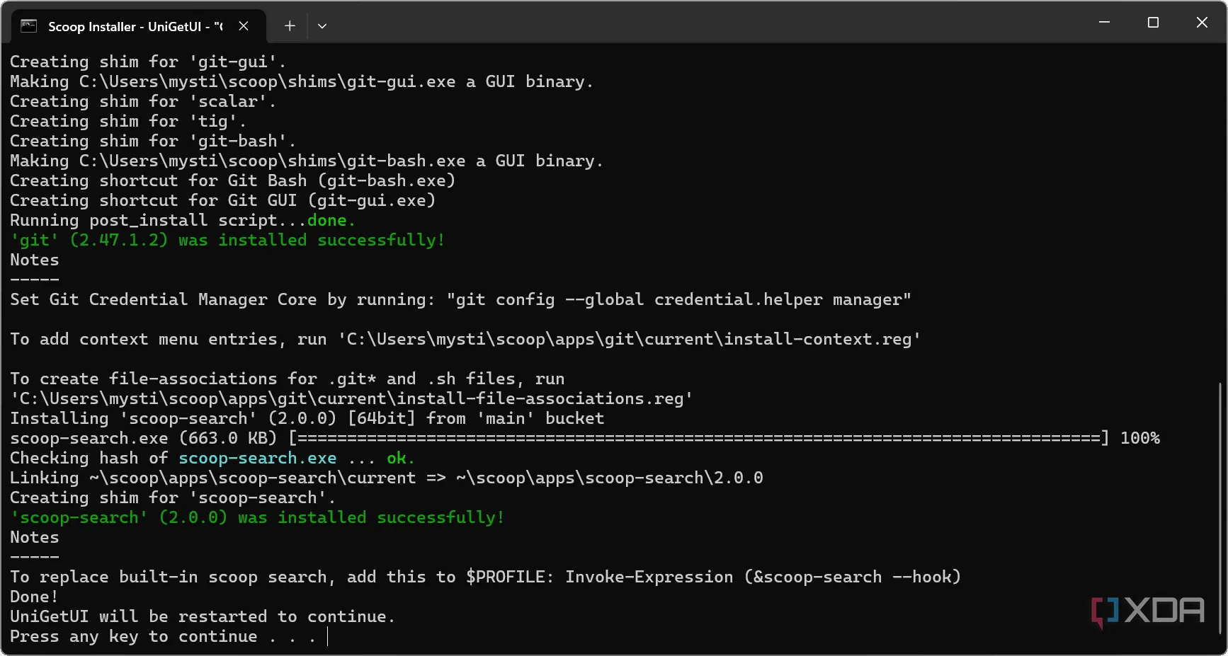 Giao diện dòng lệnh (CLI) khi cài đặt Scoop package manager trên Windows, đối lập với sự dễ dàng của UniGetUI