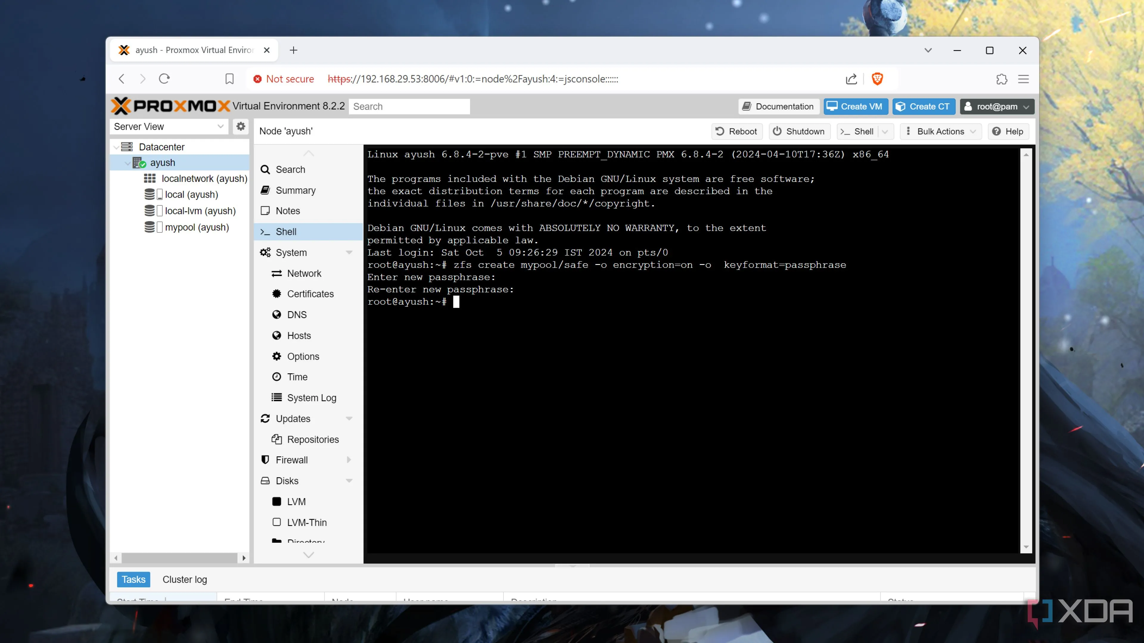 Giao diện dòng lệnh thể hiện quá trình mã hóa pool ZFS trên Proxmox để bảo vệ dữ liệu