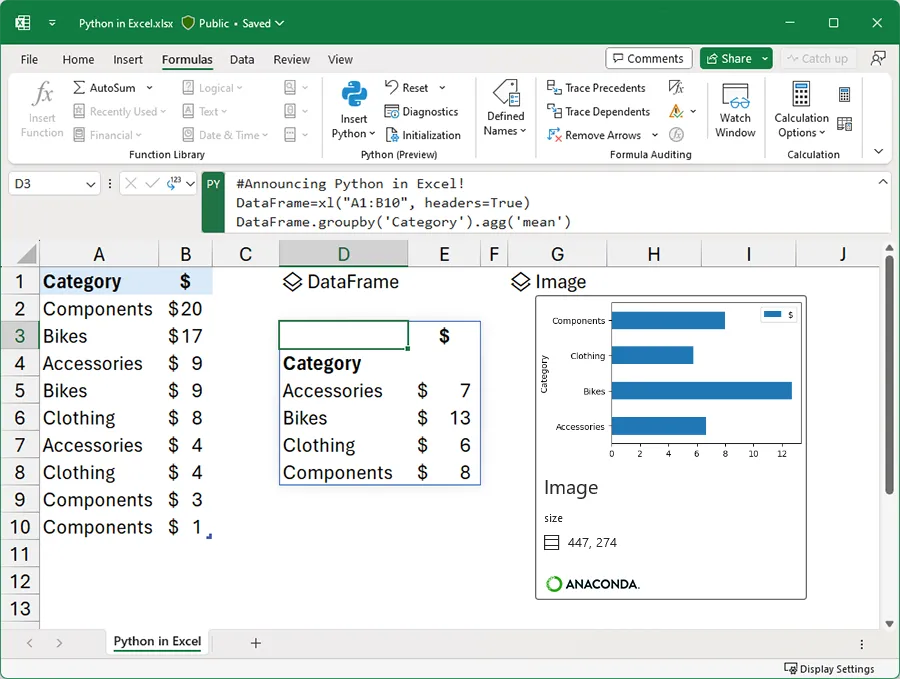Giao diện Excel hiển thị khả năng tích hợp Python và các thư viện như Pandas