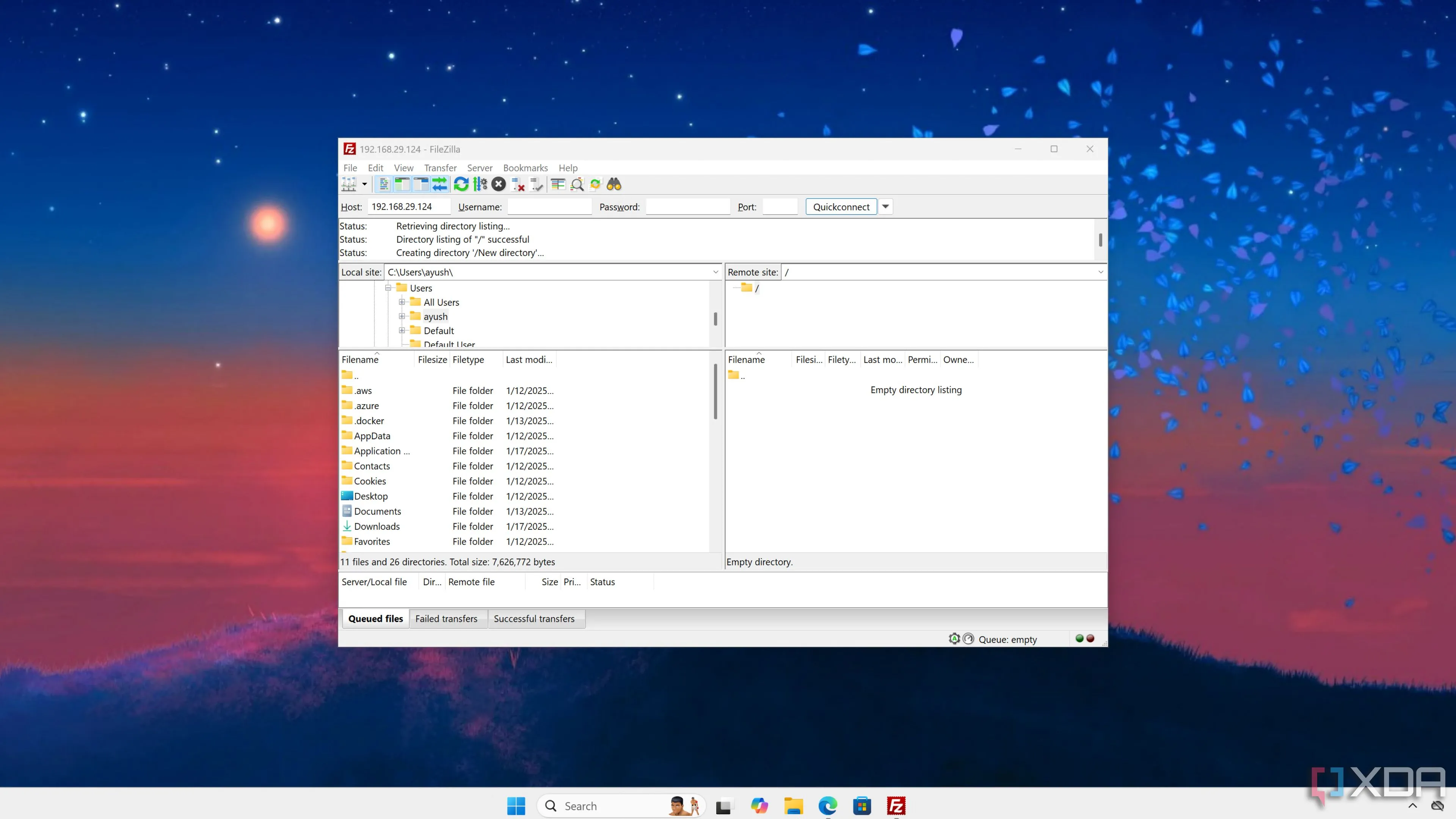 Giao diện FileZilla hiển thị việc truy cập và quản lý tệp tin trên hệ thống khác thông qua kết nối FTP, phục vụ home lab.