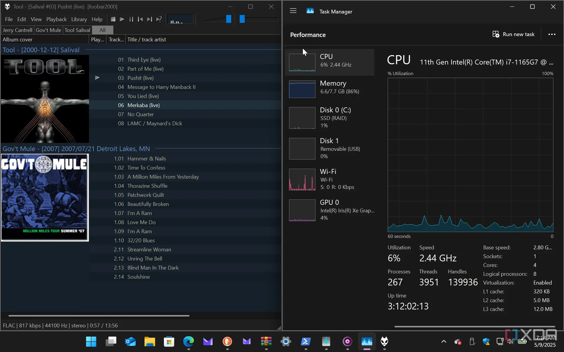 Giao diện Foobar2000 và Task Manager trên Windows 11 hiển thị mức độ sử dụng tài nguyên