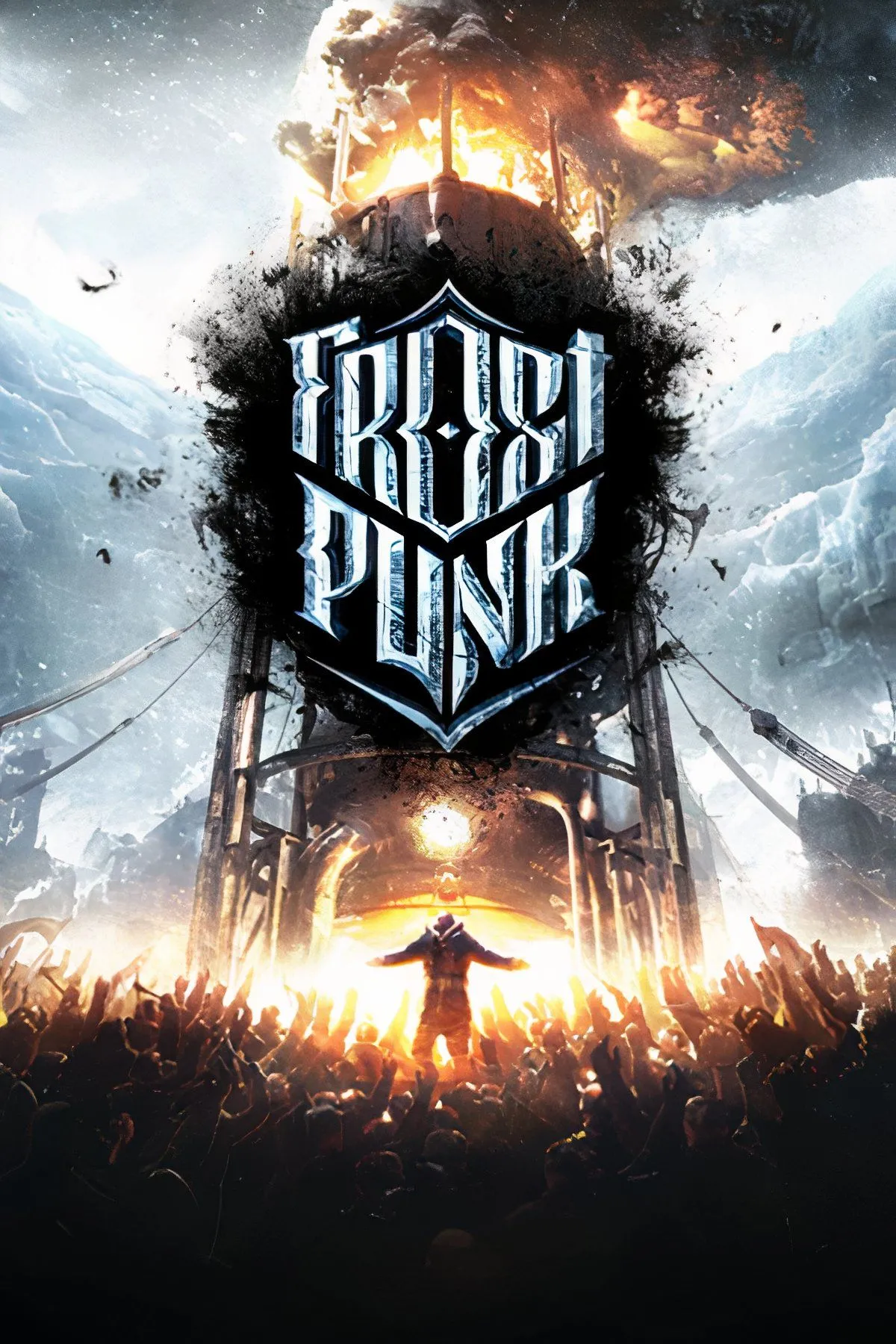 Giao diện game Frostpunk với thành phố đông lạnh và cột hơi nước