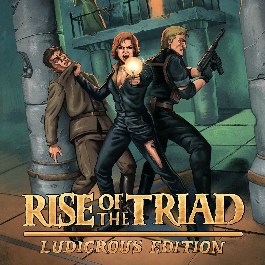 Giao diện game Rise of the Triad: Ludicrous Edition với nhân vật bắn những kẻ địch được số hóa trong môi trường đầy vật cản và vụ nổ