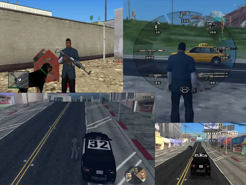 Giao diện gameplay của bản mod Grand Theft Auto V Legacy trên nền PS2, tái hiện Los Santos của GTA V
