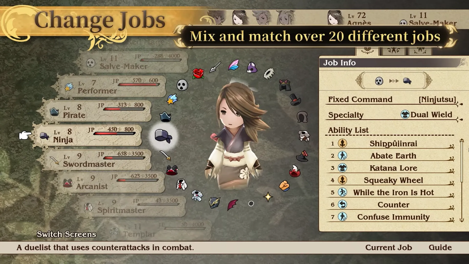 Giao diện hệ thống nghề nghiệp (Job System) phong phú trong Bravely Default, mang lại tùy biến sâu sắc