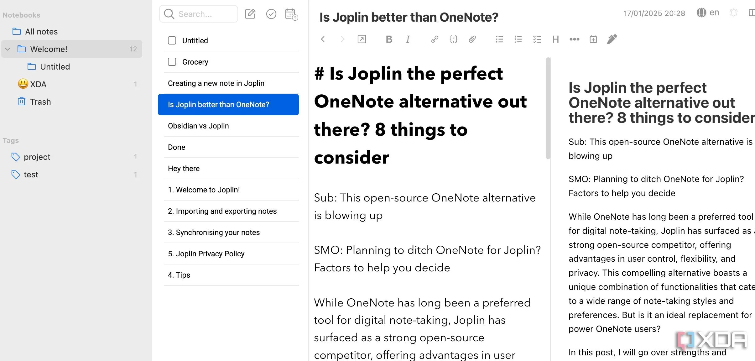Giao diện Joplin hiển thị các ghi chú được định dạng bằng Markdown