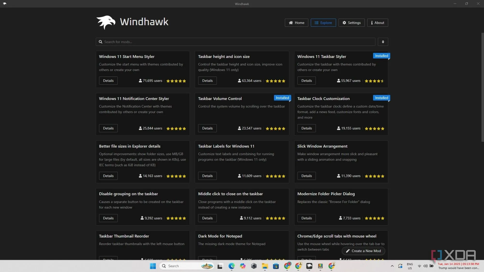 Giao diện khám phá module của Windhawk với các tùy chọn đa dạng